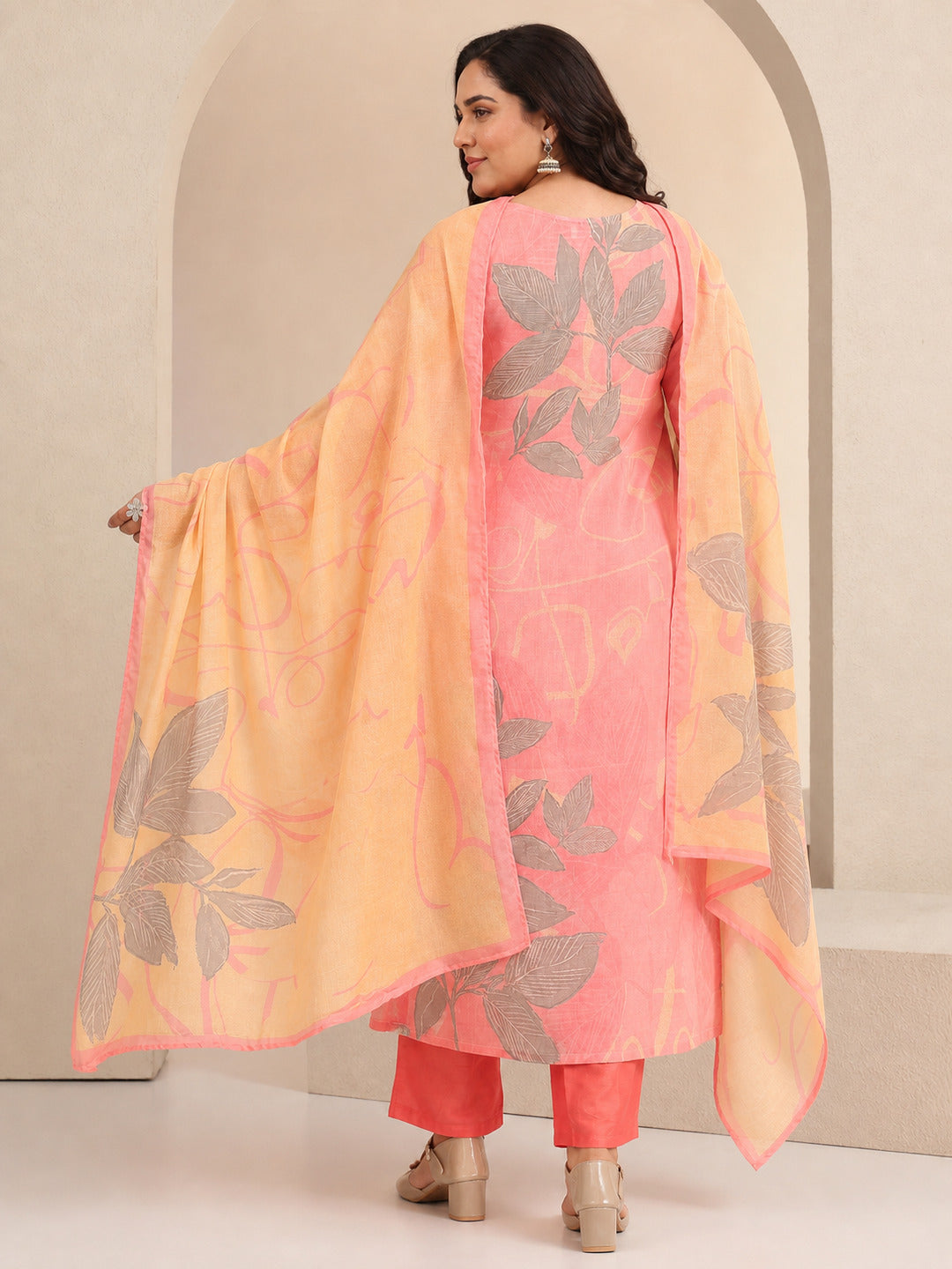  Plus Size Pink Floral Printed Cotton Straight Suit Set 