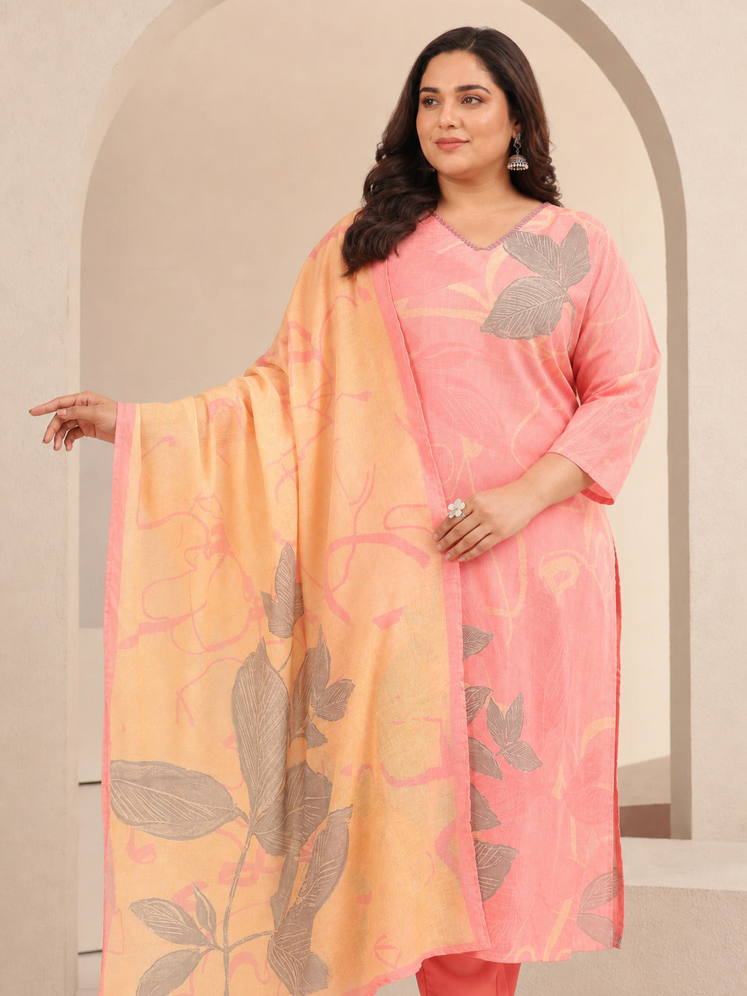  Plus Size Pink Floral Printed Cotton Straight Suit Set 