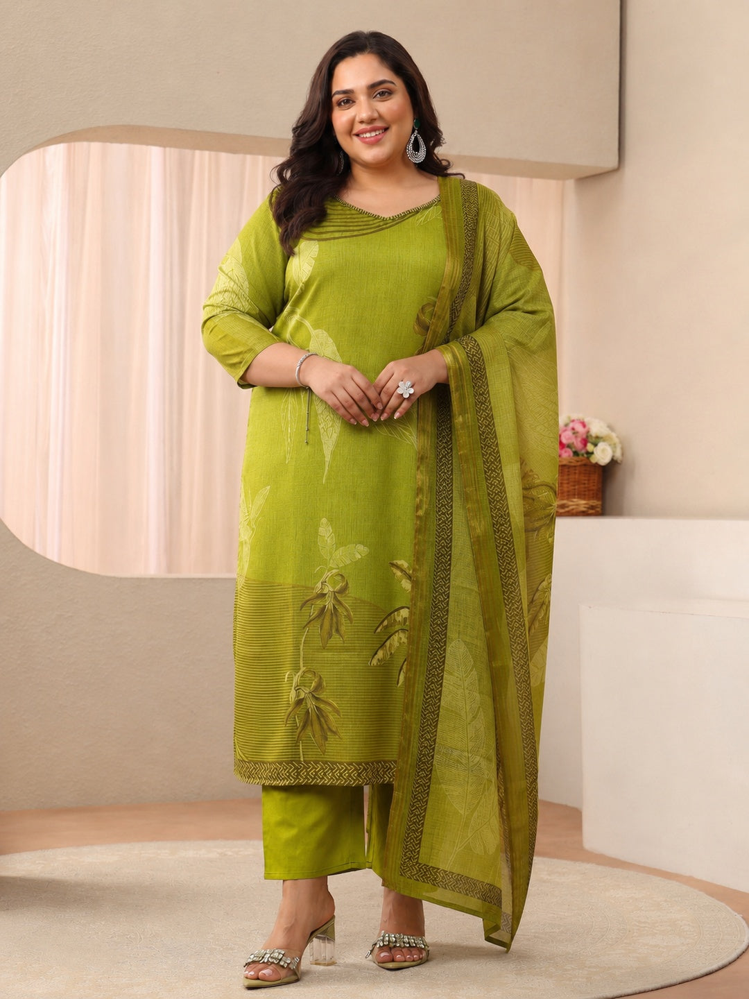  Plus Size Green Printed Linen Straight Suit Set 