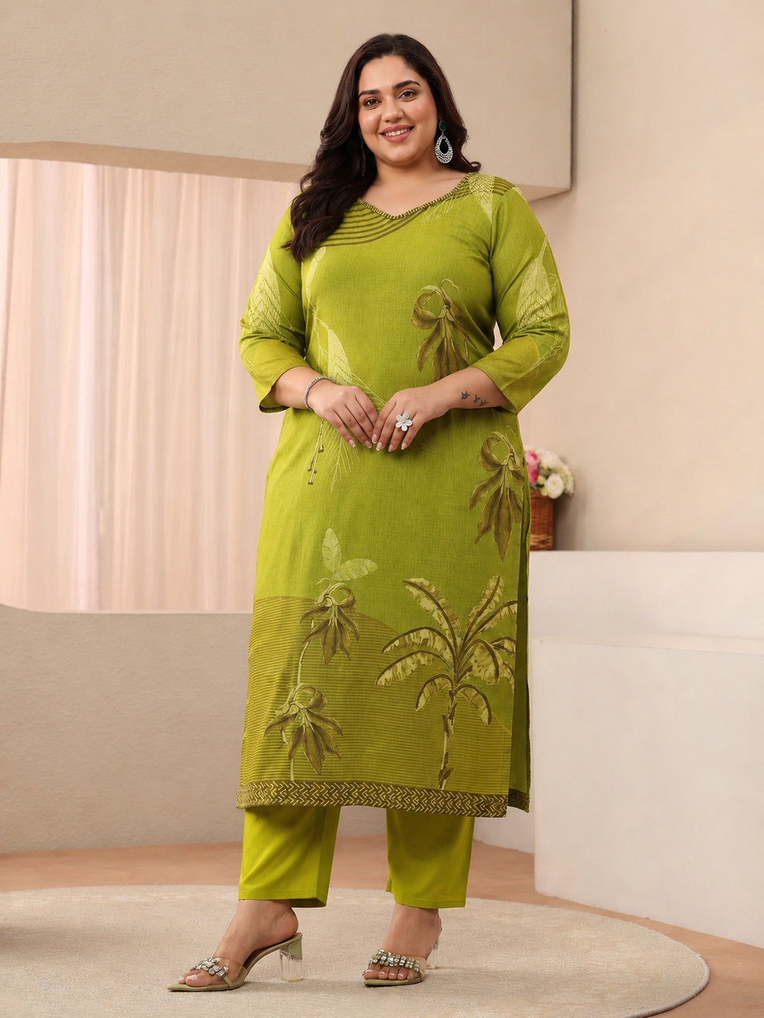  Plus Size Green Printed Linen Straight Suit Set 