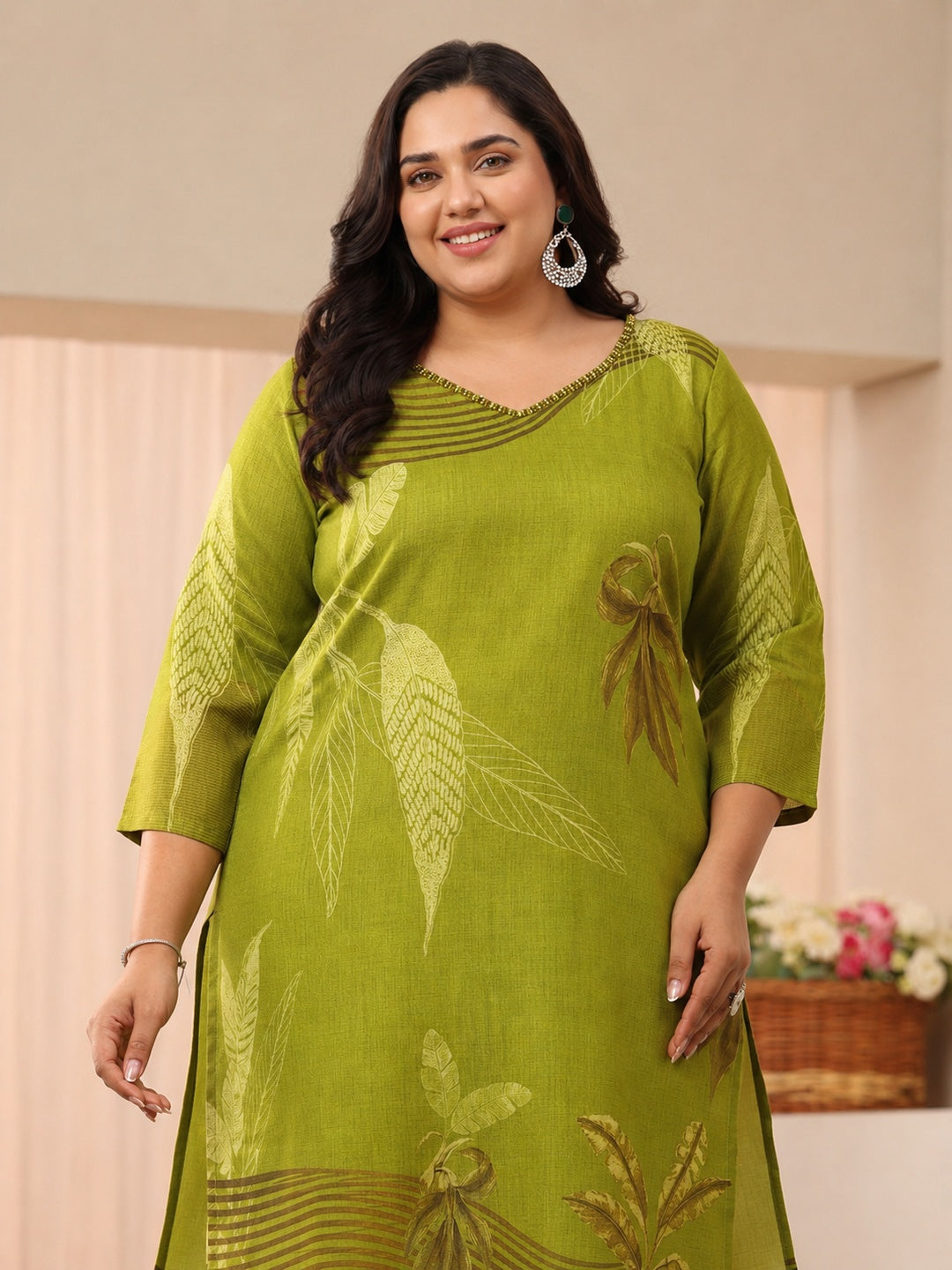  Plus Size Green Printed Linen Straight Suit Set 