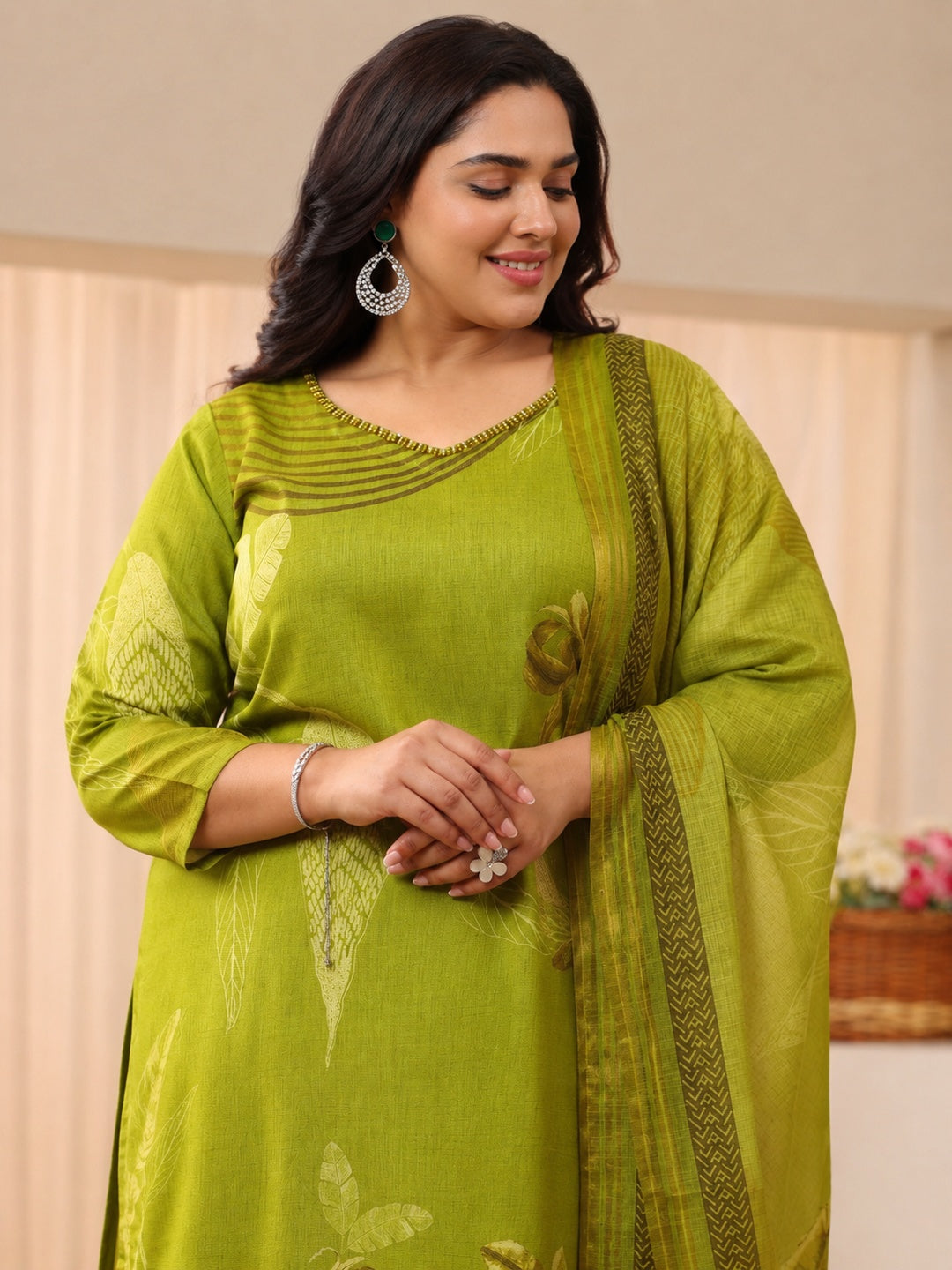  Plus Size Green Printed Linen Straight Suit Set 
