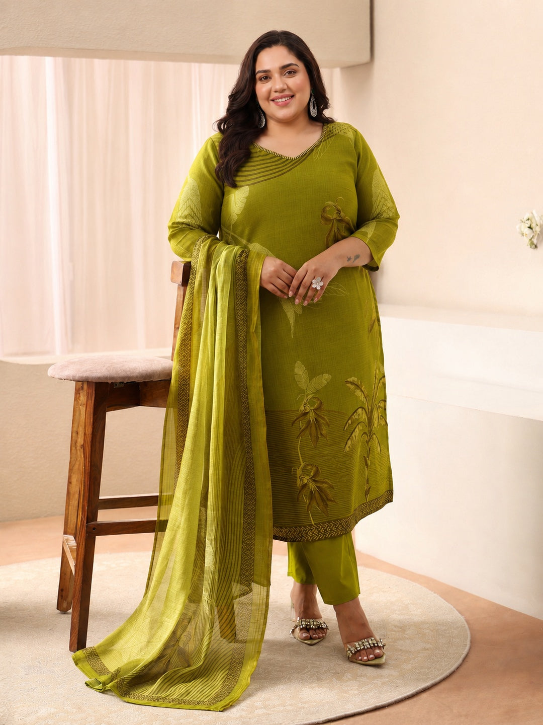  Plus Size Green Printed Linen Straight Suit Set 