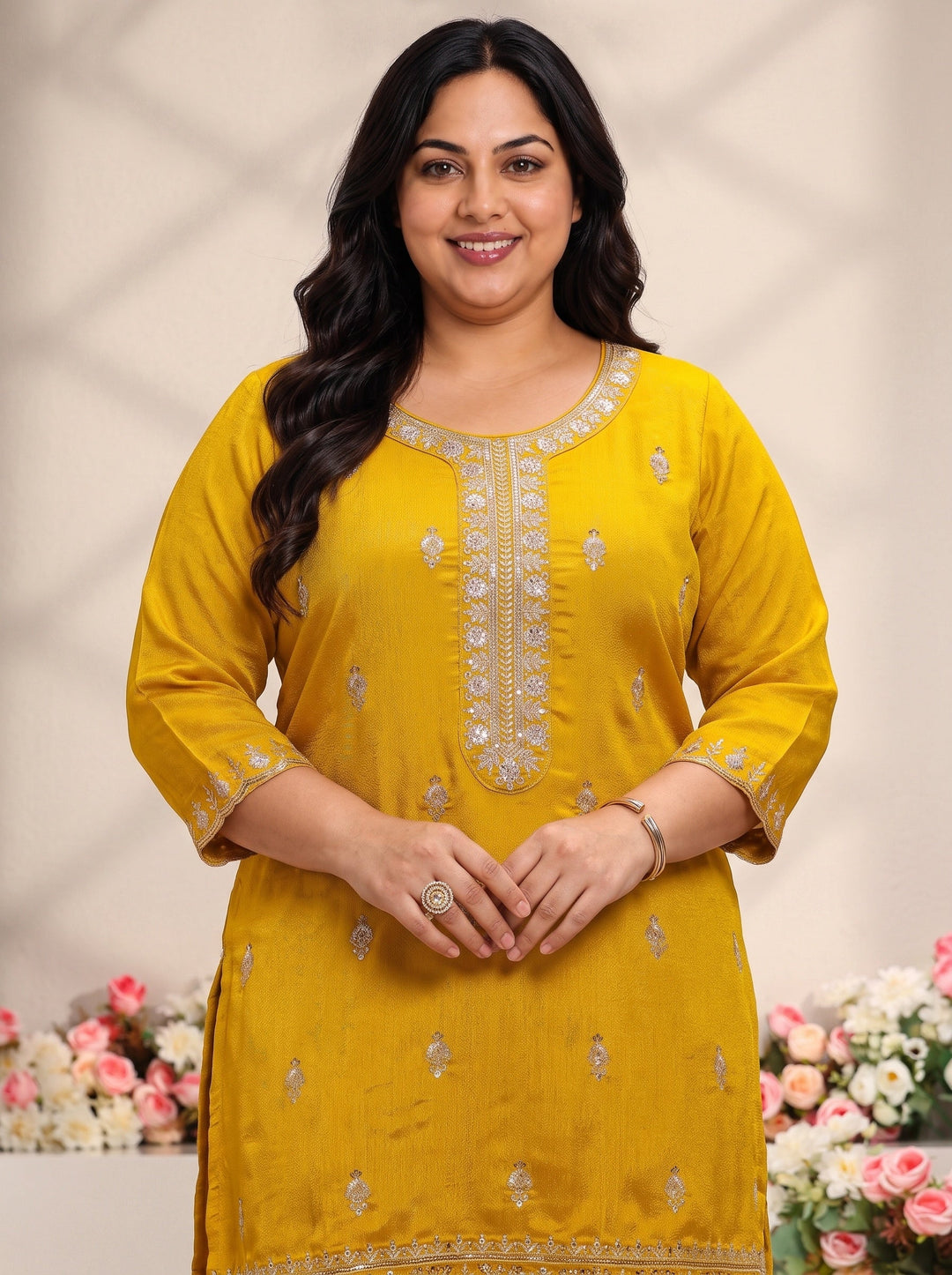  Plus Size Mustard Floral Embroidered Silk Blend Straight Suit Set With Dupatta 