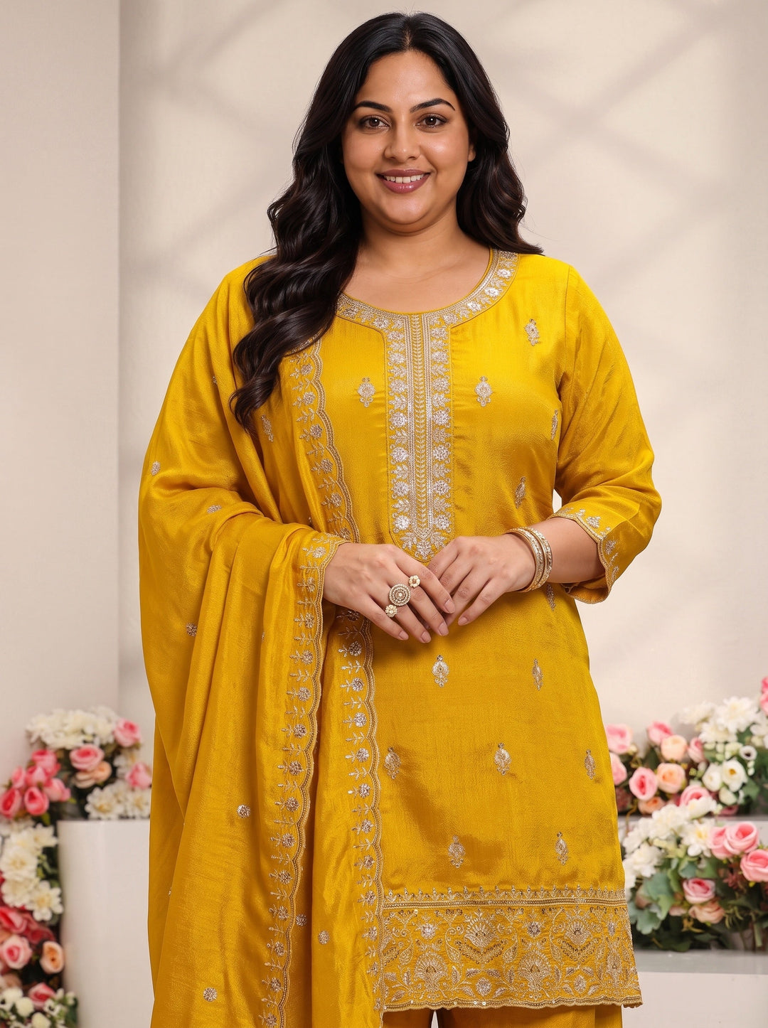  Plus Size Mustard Floral Embroidered Silk Blend Straight Suit Set With Dupatta 