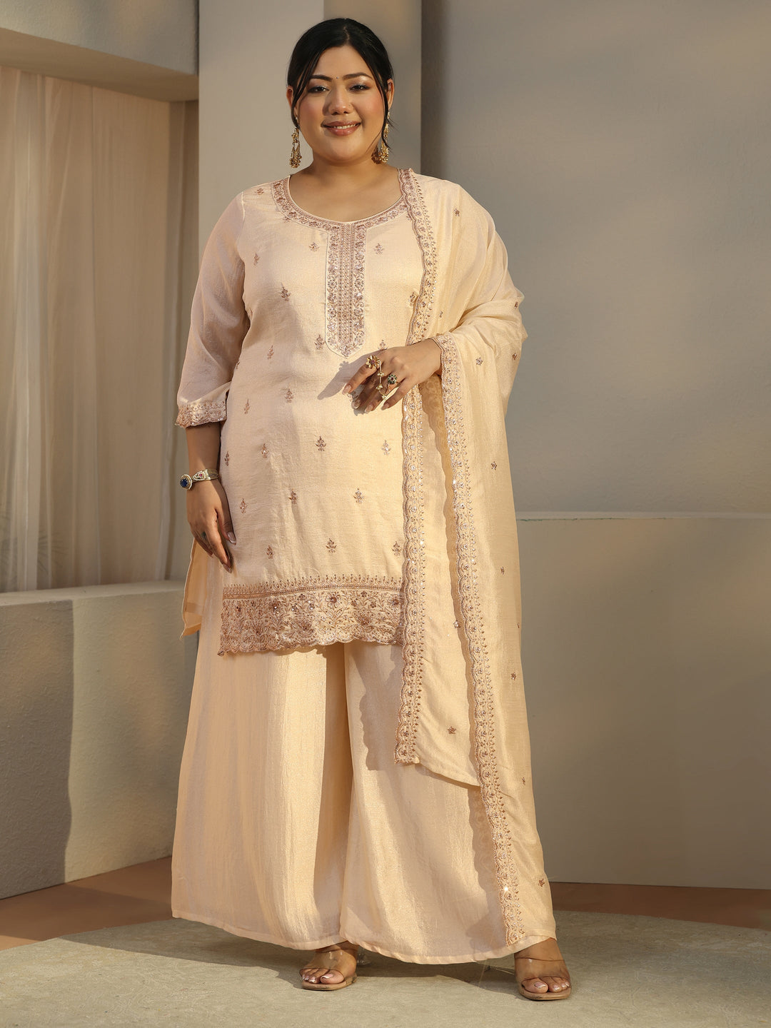  Plus Size Ivory Floral Embroidered Silk Blend Straight Suit Set With Dupatta 
