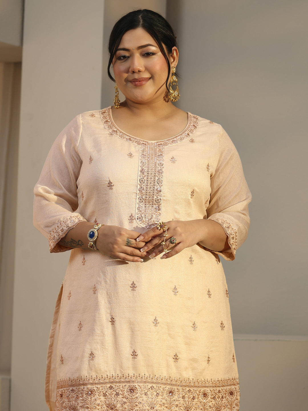  Plus Size Ivory Floral Embroidered Silk Blend Straight Suit Set With Dupatta 