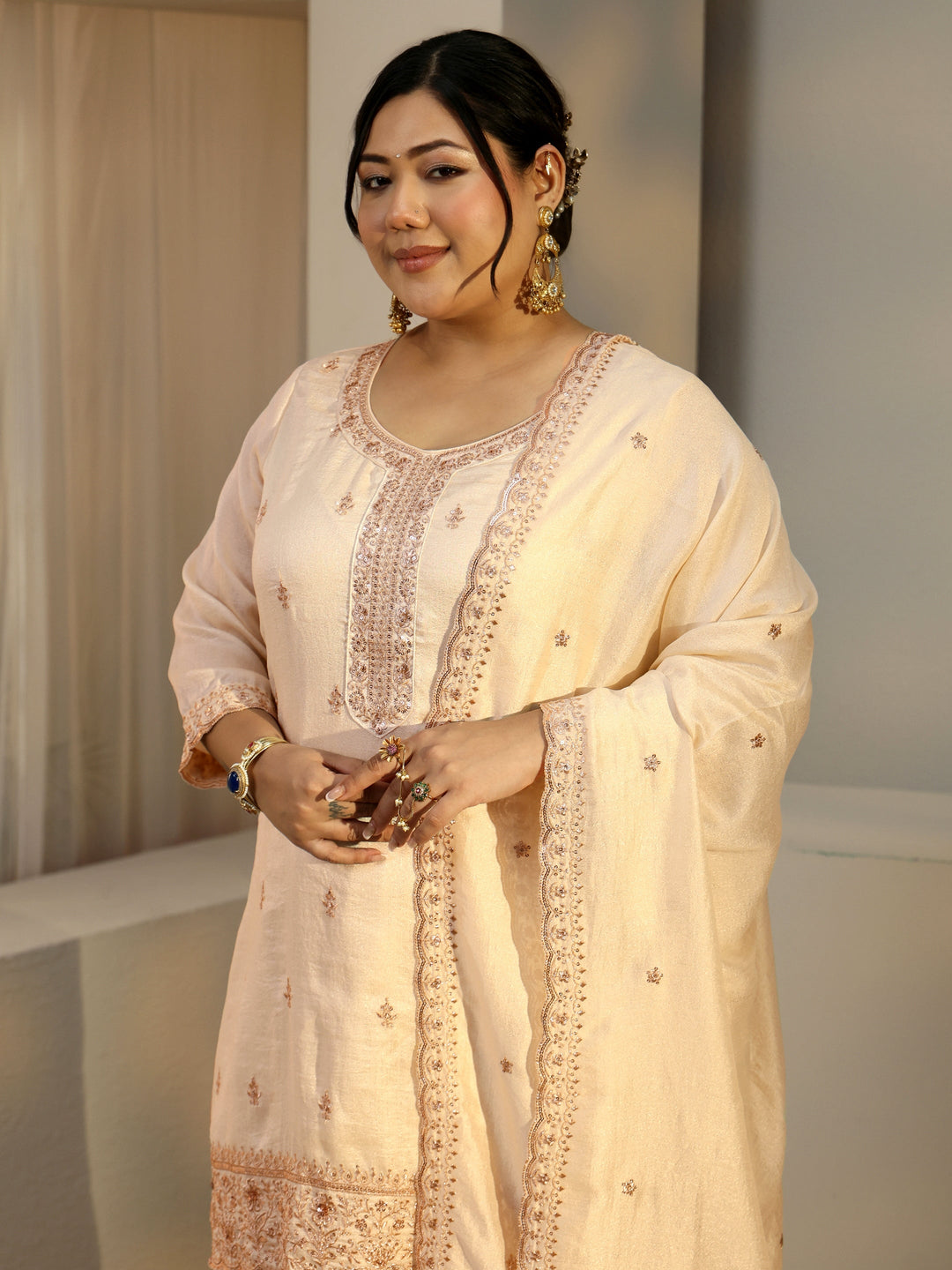  Plus Size Ivory Floral Embroidered Silk Blend Straight Suit Set With Dupatta 