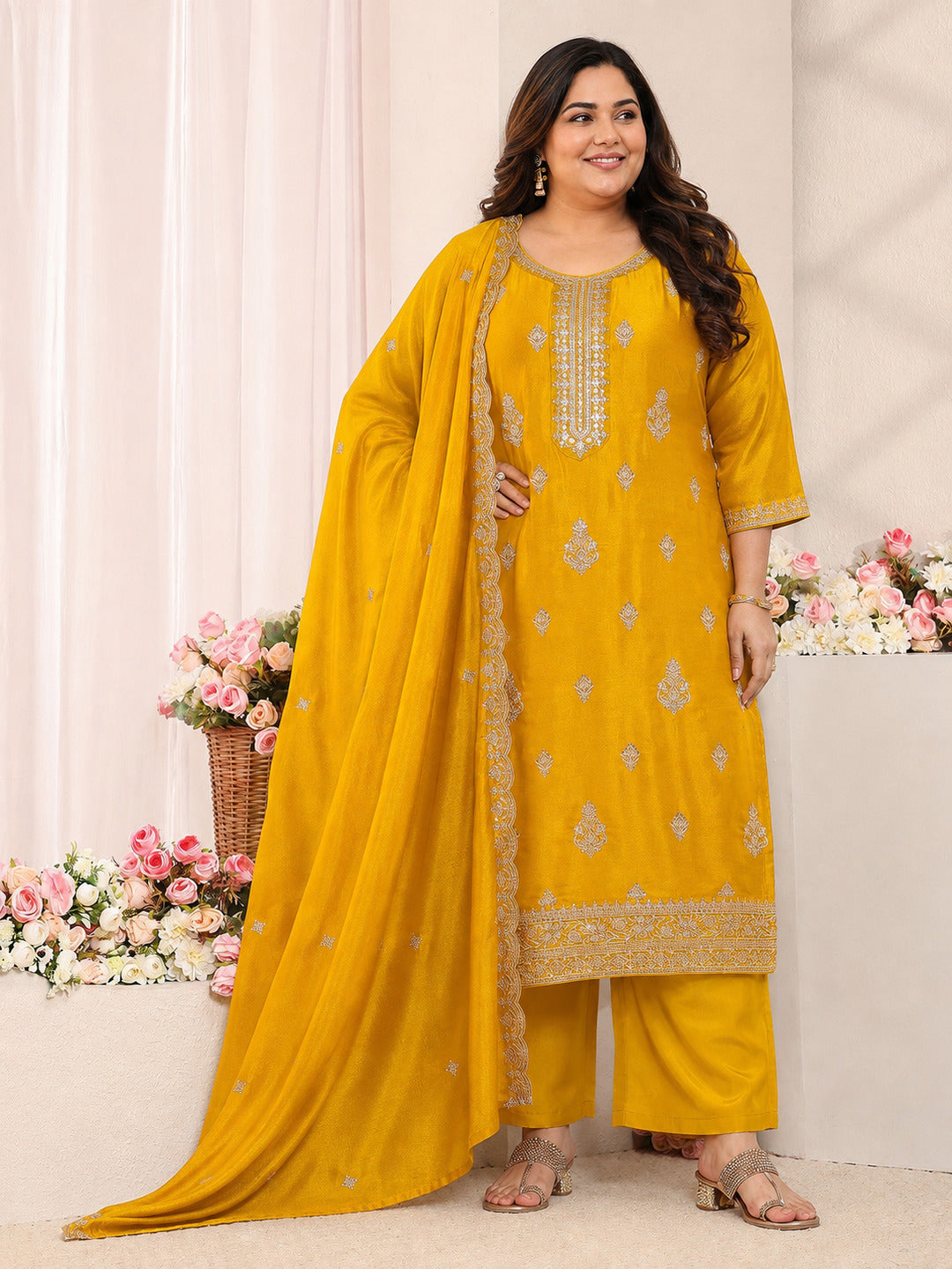  Plus Size Mustard Embroidered Silk Blend Straight Suit Set With Dupatta 