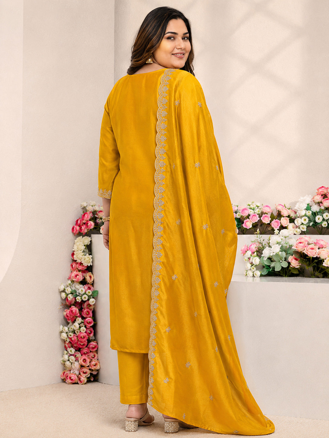  Plus Size Mustard Embroidered Silk Blend Straight Suit Set With Dupatta 