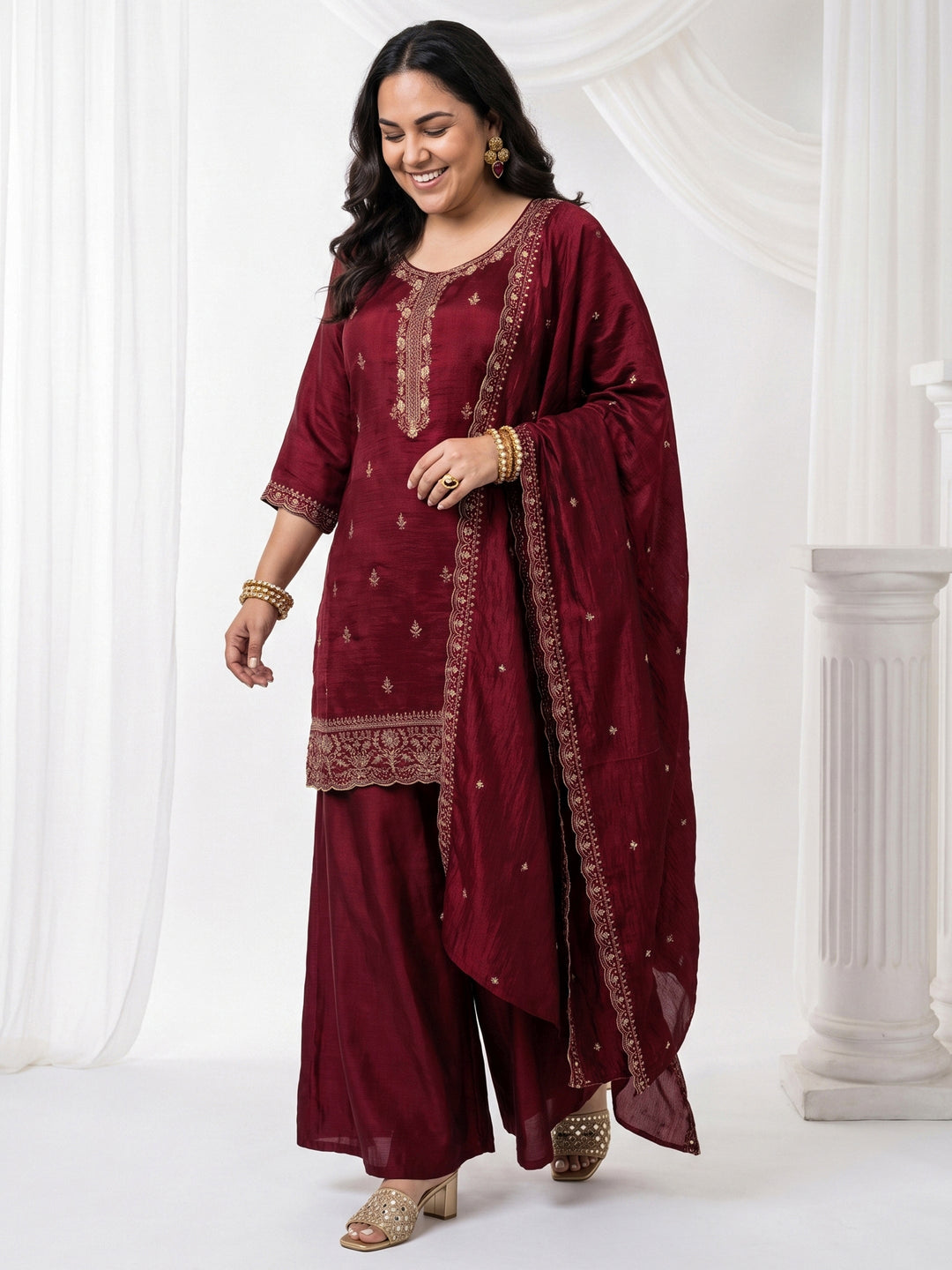  Plus Size Maroon Floral Embroidered Silk Blend Palazzo Suit Set 