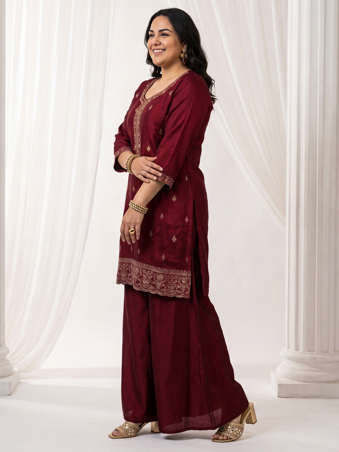  Plus Size Maroon Floral Embroidered Silk Blend Palazzo Suit Set 