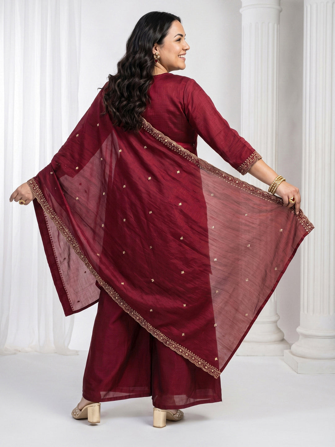  Plus Size Maroon Floral Embroidered Silk Blend Palazzo Suit Set 