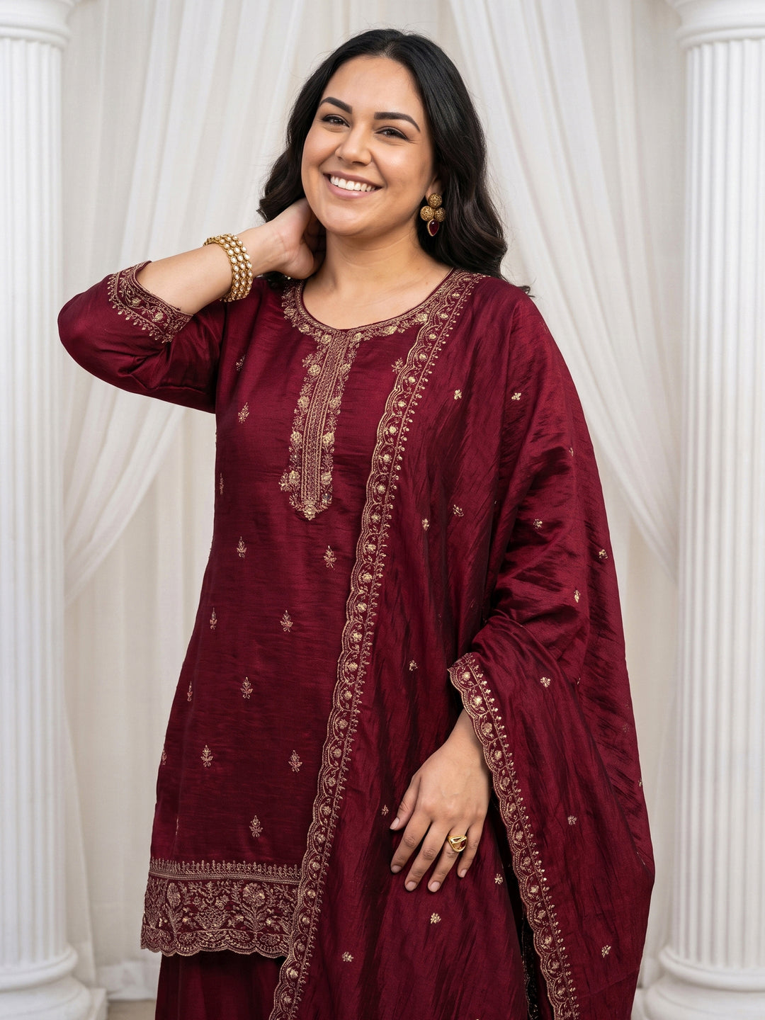  Plus Size Maroon Floral Embroidered Silk Blend Palazzo Suit Set 