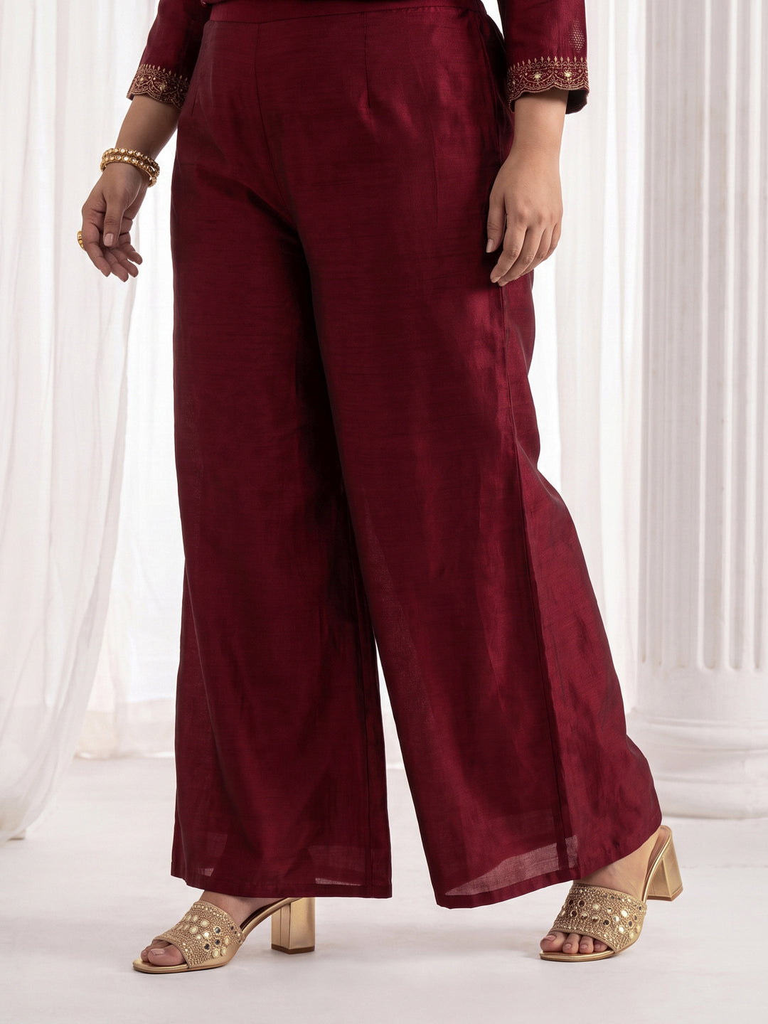  Plus Size Maroon Floral Embroidered Silk Blend Palazzo Suit Set 