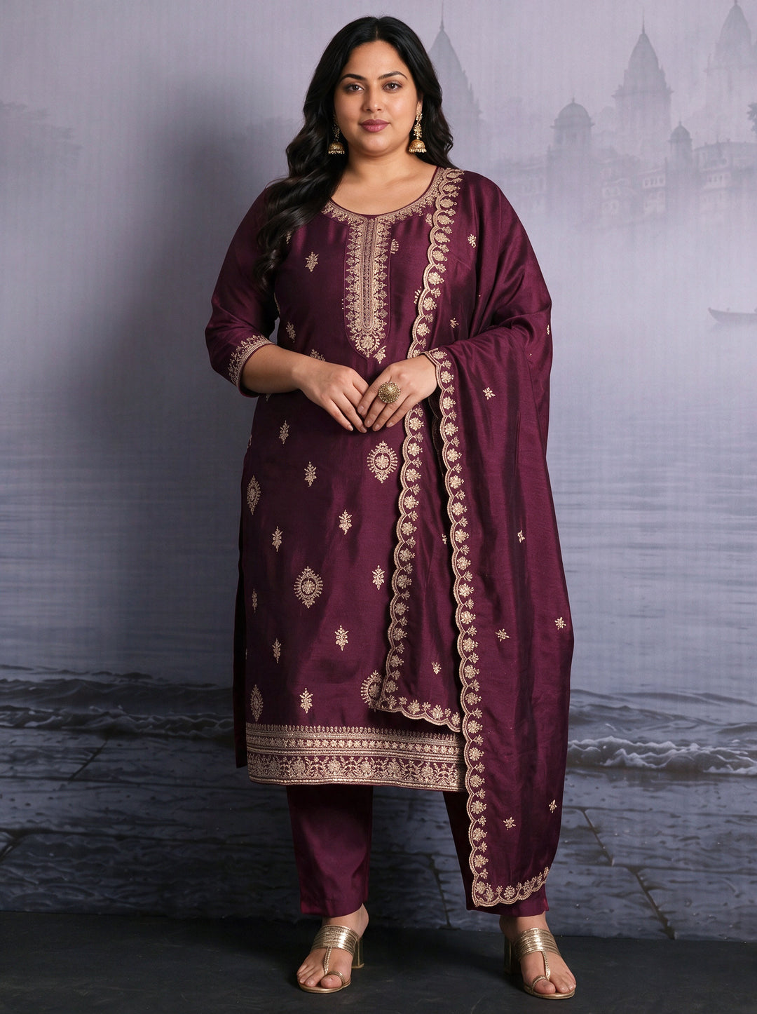  Plus Size Wine Embroidered Silk Blend Straight Suit Set 