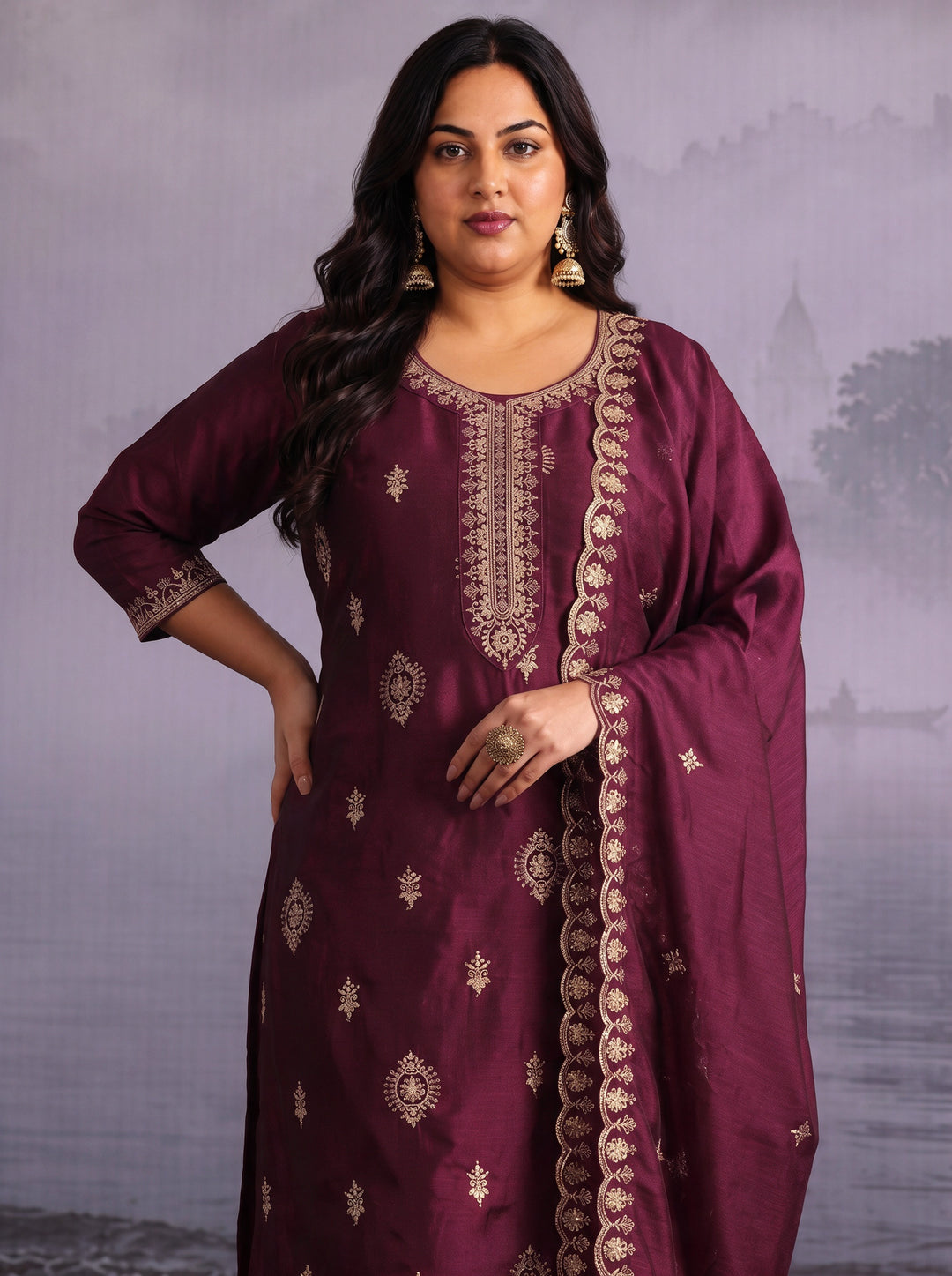  Plus Size Wine Embroidered Silk Blend Straight Suit Set 