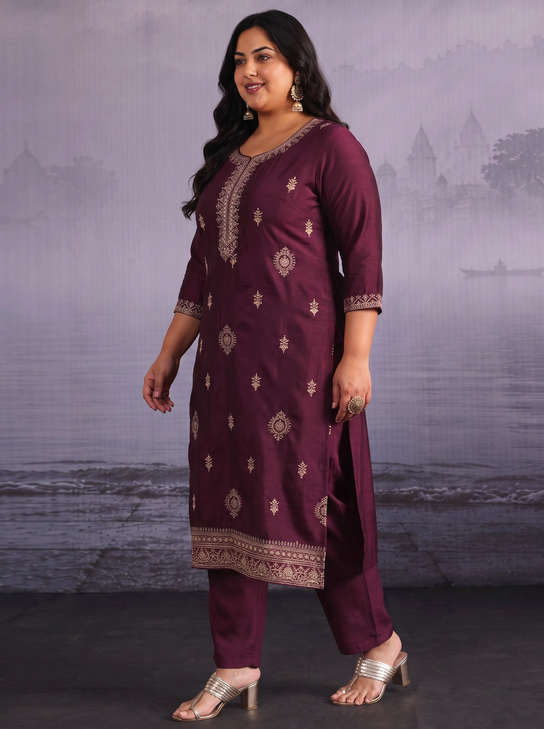  Plus Size Wine Embroidered Silk Blend Straight Suit Set 