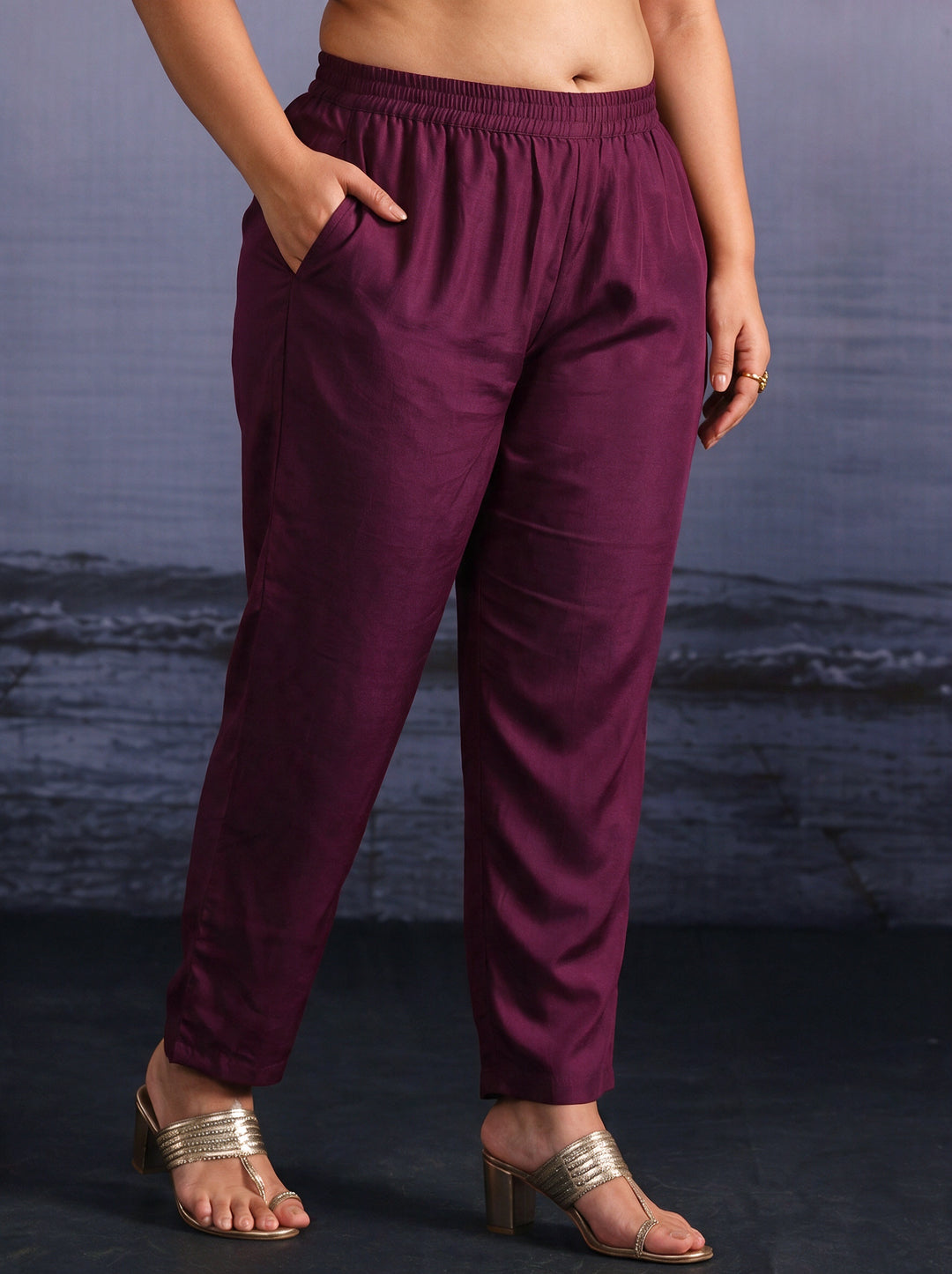  Plus Size Wine Embroidered Silk Blend Straight Suit Set 