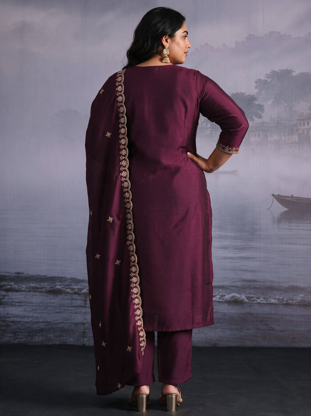  Plus Size Wine Embroidered Silk Blend Straight Suit Set 