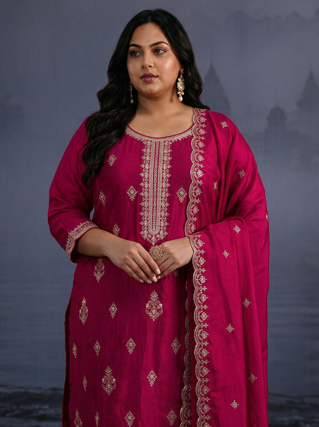  Plus Size Rani Pink Embroidered Silk Blend Straight Suit Set 