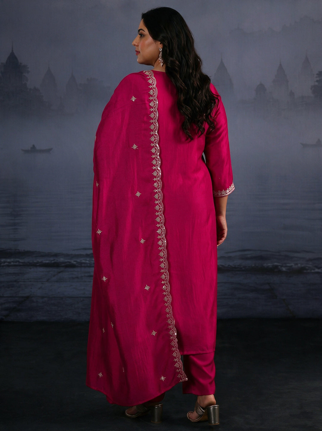  Plus Size Rani Pink Embroidered Silk Blend Straight Suit Set 