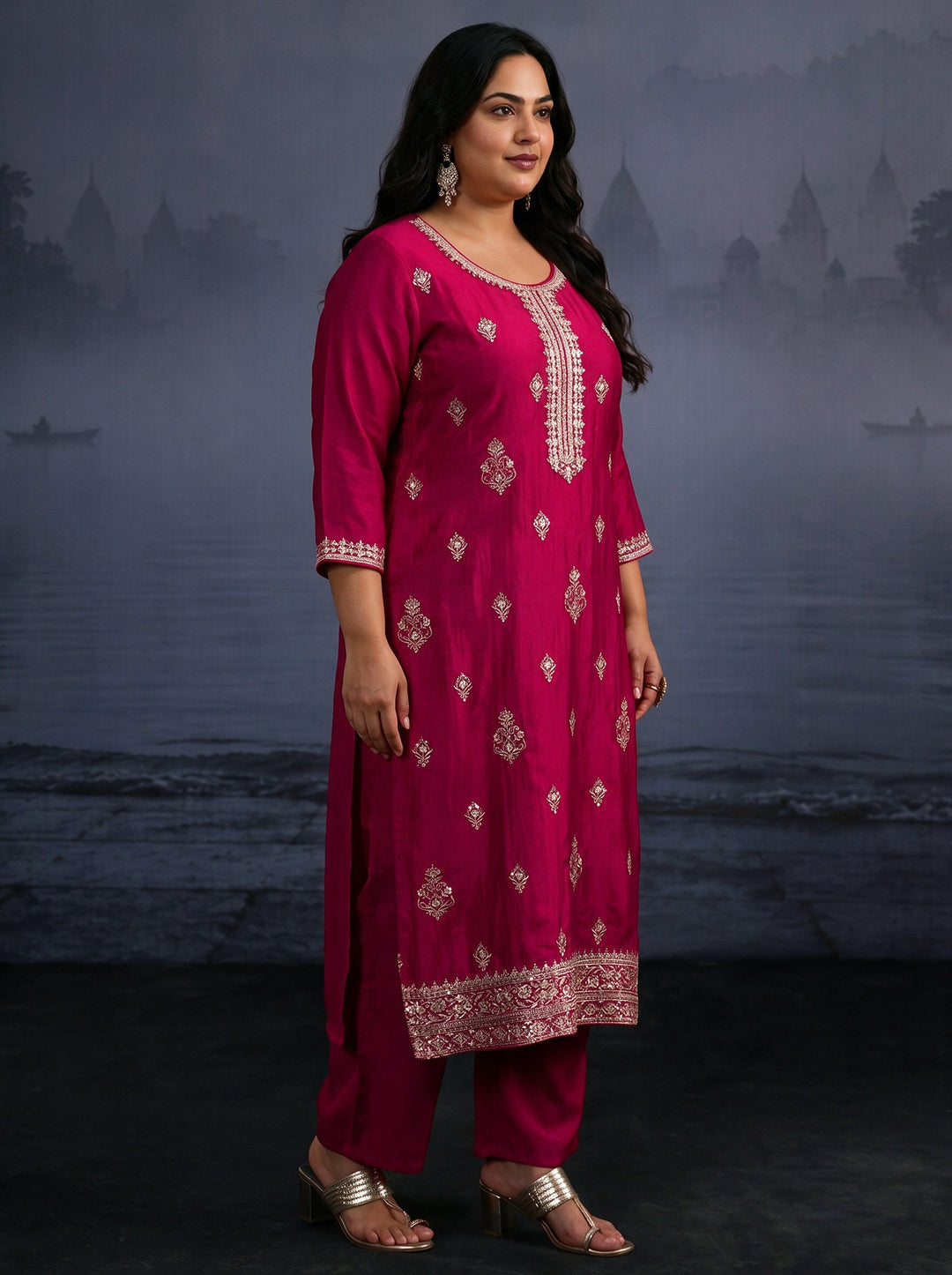 Plus Size Rani Pink Embroidered Silk Blend Straight Suit Set 