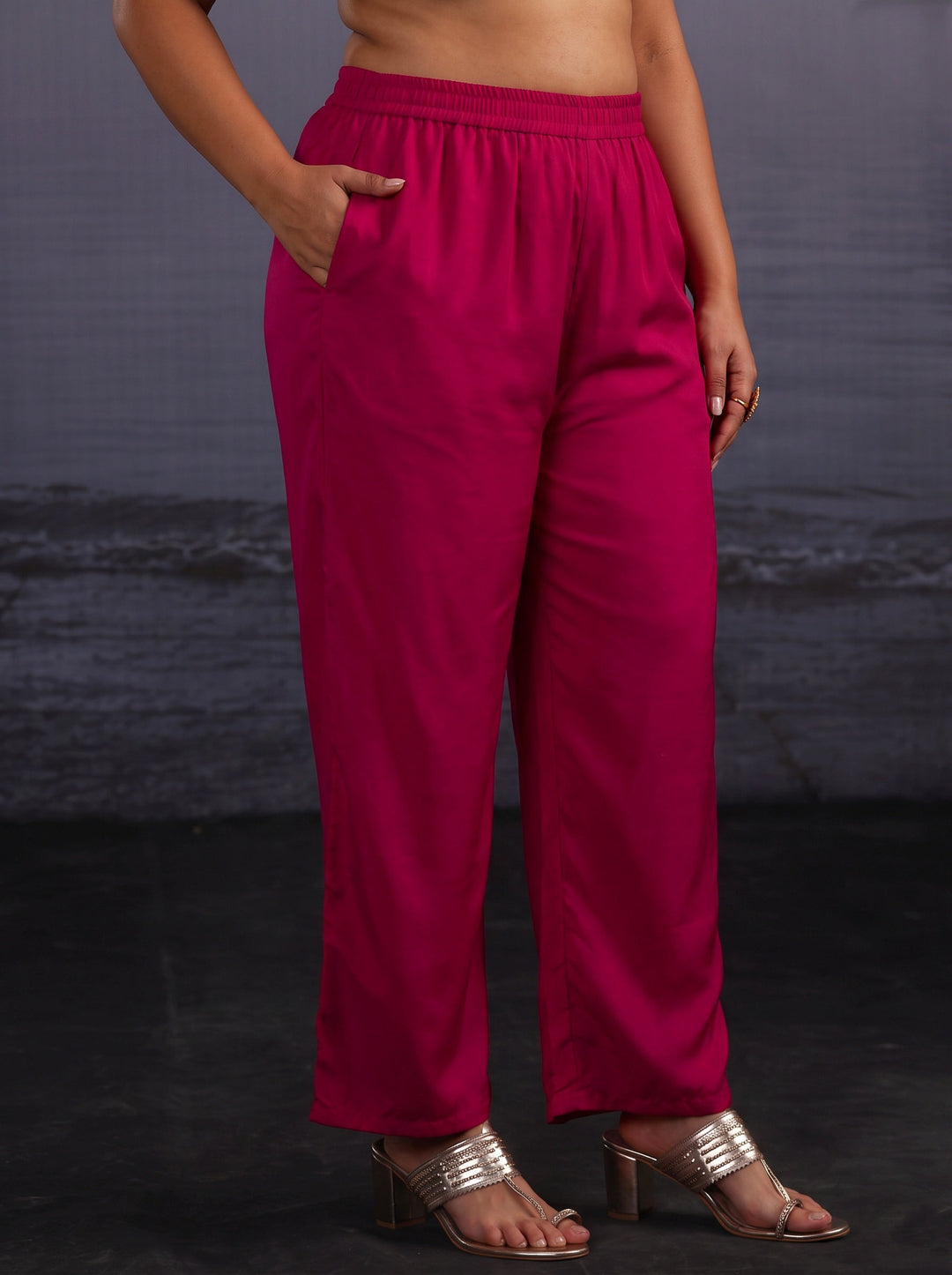  Plus Size Rani Pink Embroidered Silk Blend Straight Suit Set 