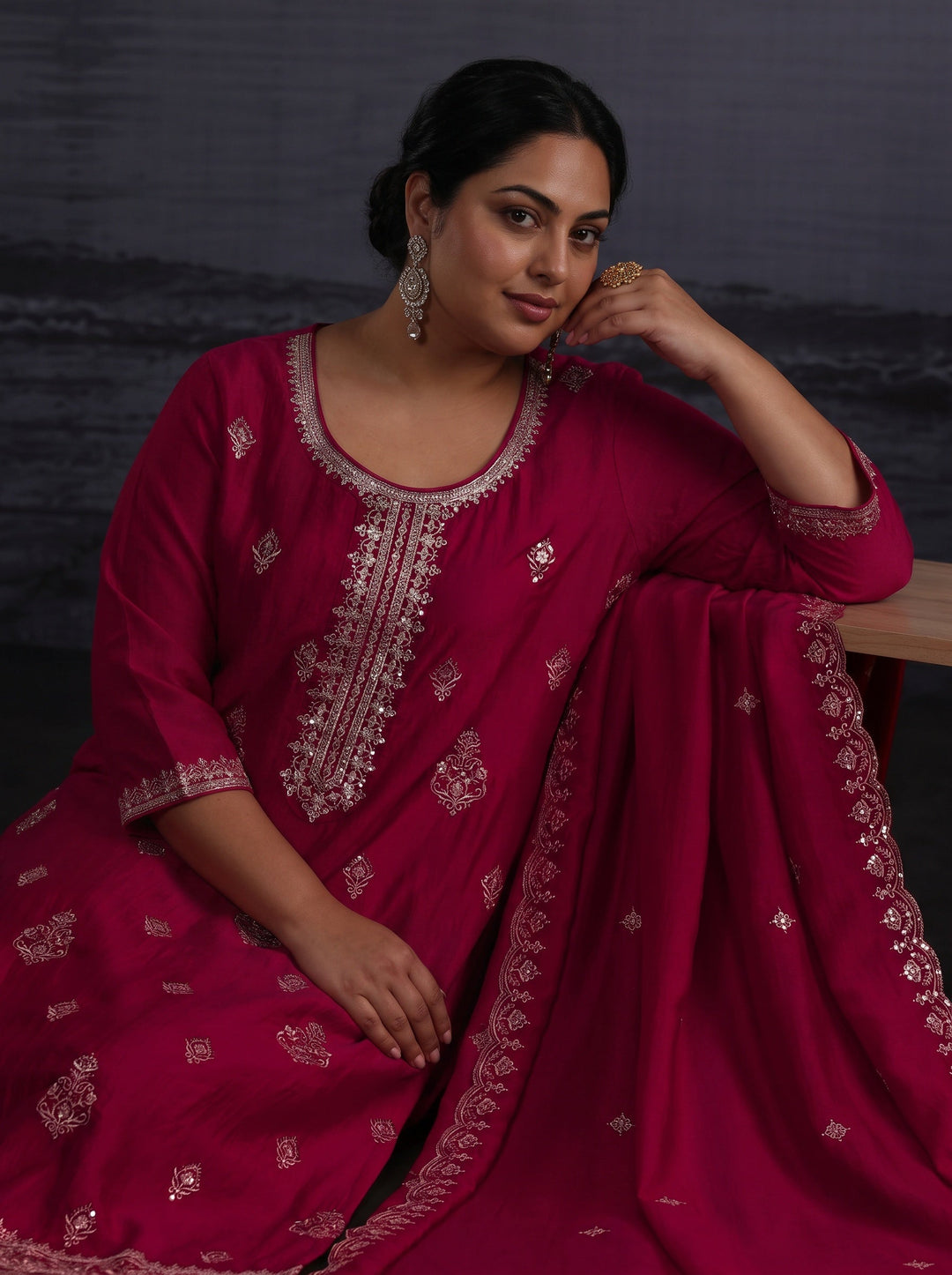  Plus Size Rani Pink Embroidered Silk Blend Straight Suit Set 