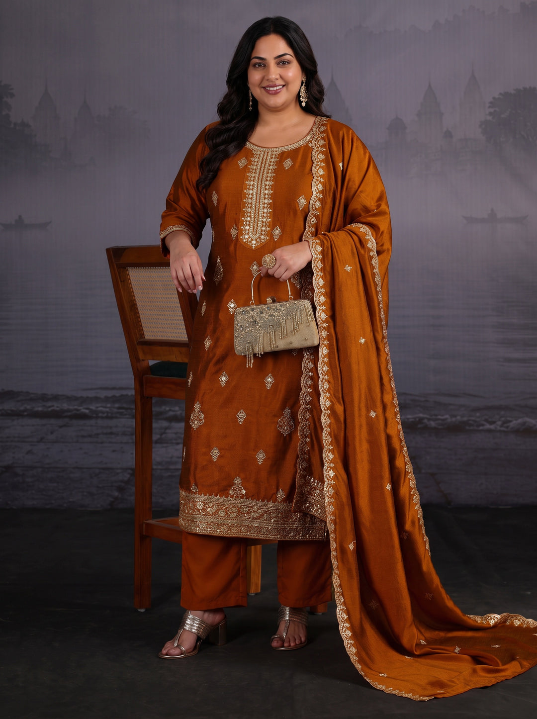  Plus Size Rust Brown Embroidered Silk Blend Straight Suit Set 