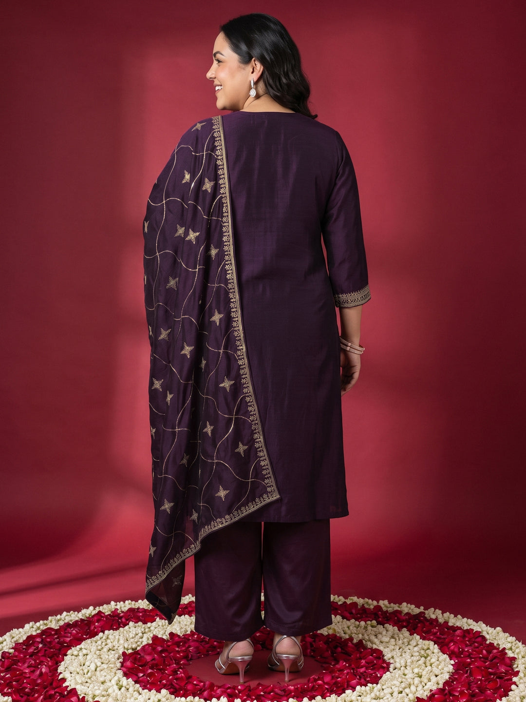  Plus Size Burgundy Embroidered Silk Blend Straight Suit Set 