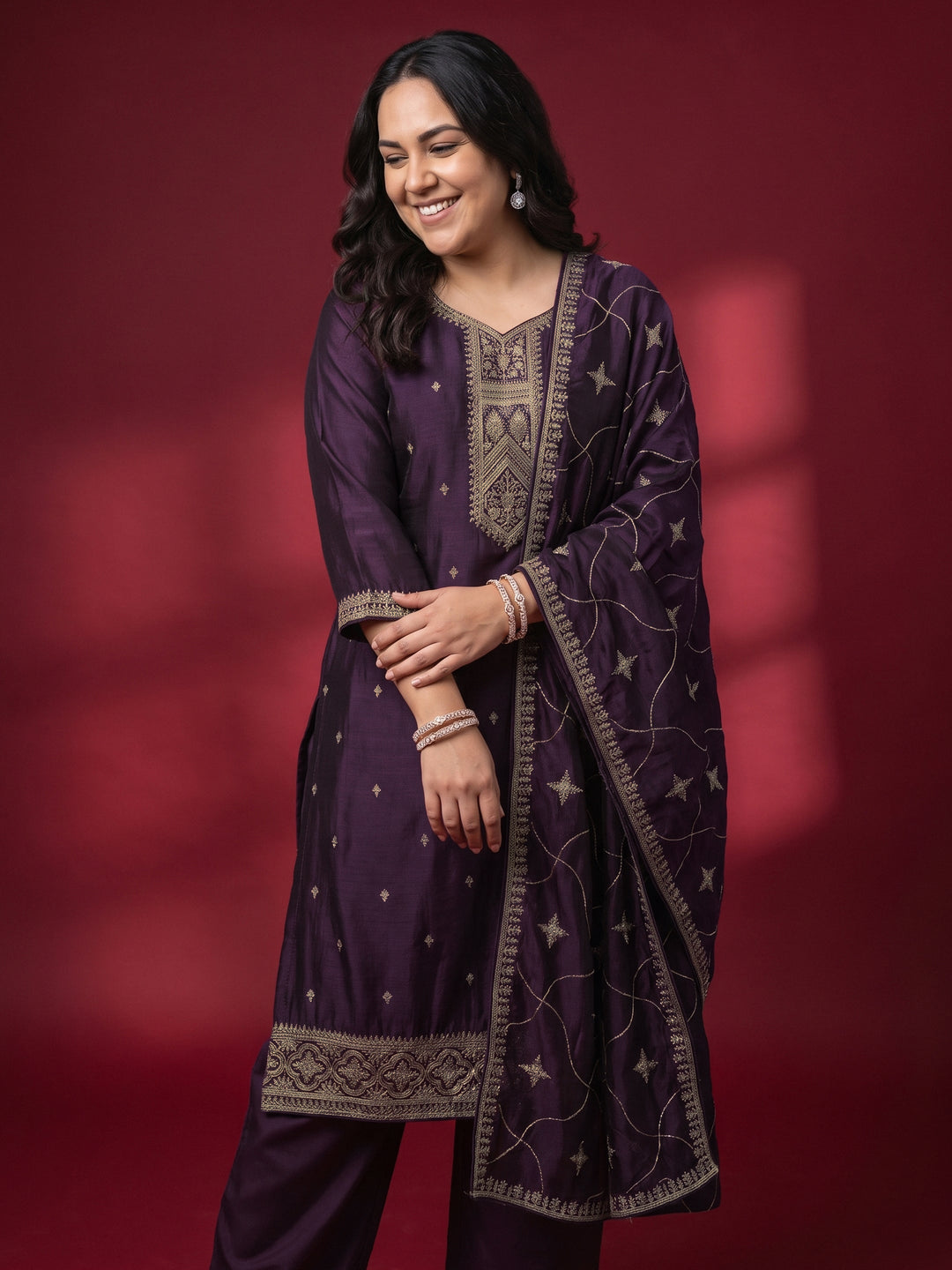 Plus Size Burgundy Embroidered Silk Blend Straight Suit Set 