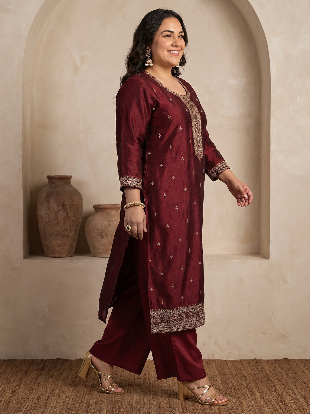  Plus Size Maroon Embroidered Silk Blend Straight Suit Set 