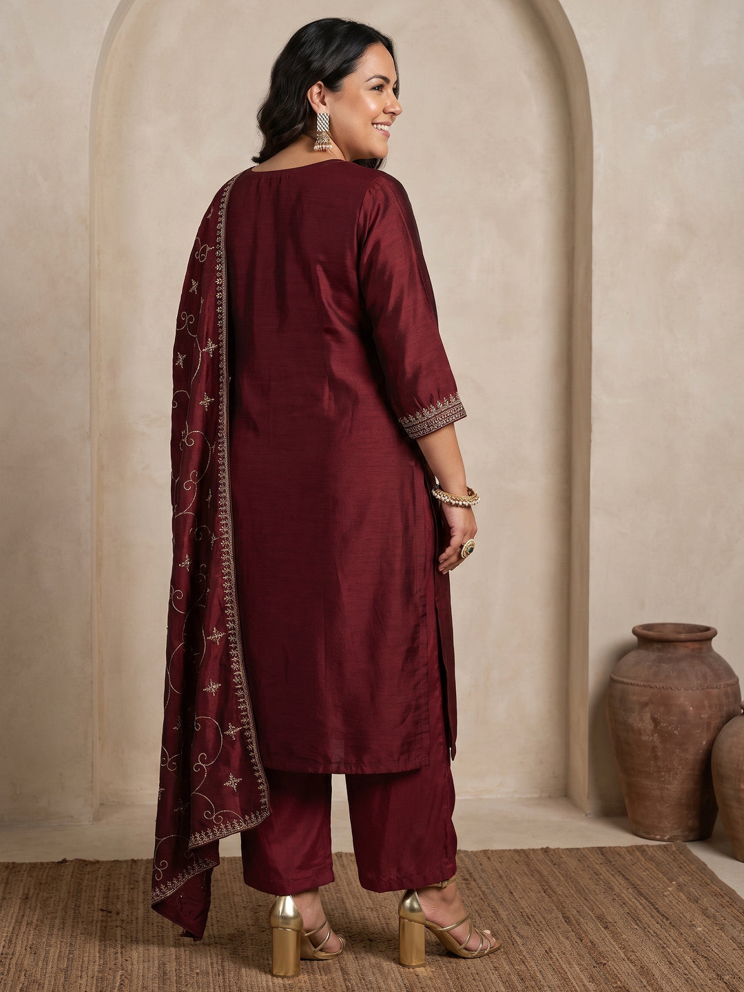 Plus Size Maroon Embroidered Silk Blend Straight Suit Set 