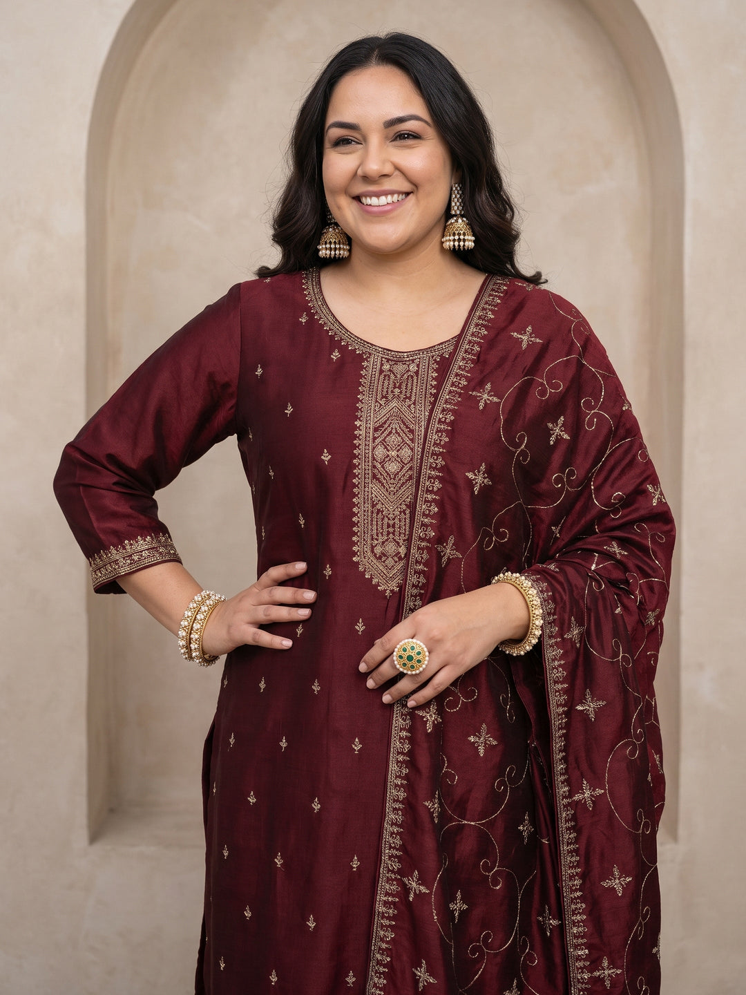  Plus Size Maroon Embroidered Silk Blend Straight Suit Set 