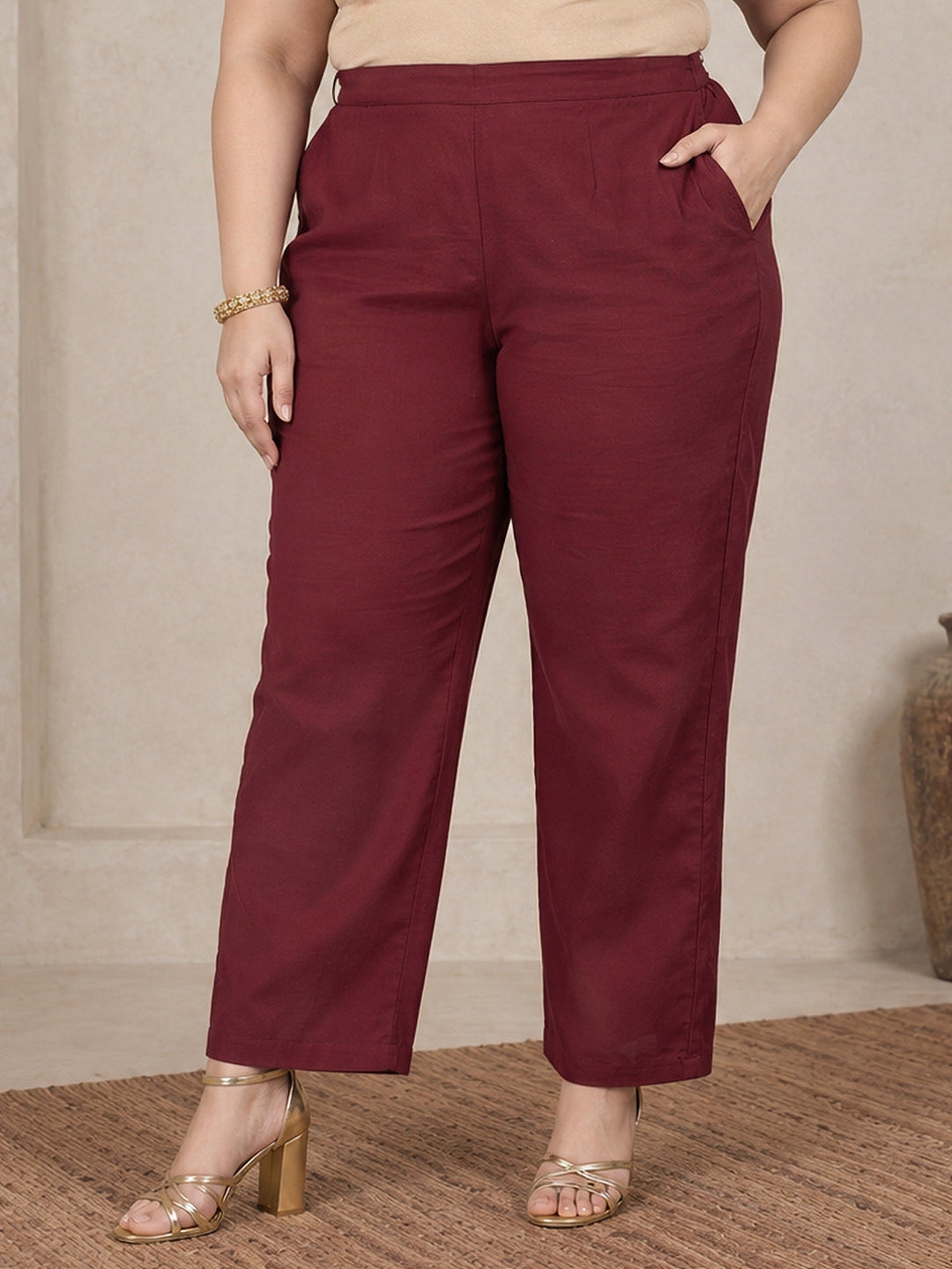  Plus Size Maroon Embroidered Silk Blend Straight Suit Set 