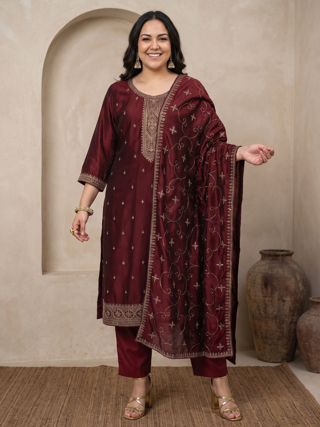  Plus Size Maroon Embroidered Silk Blend Straight Suit Set 