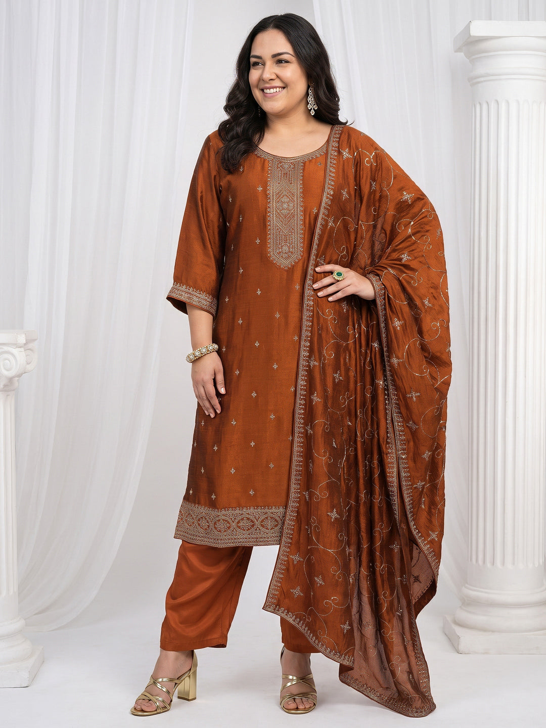  Plus Size Rust Brown Embroidered Silk Blend Straight Suit Set 