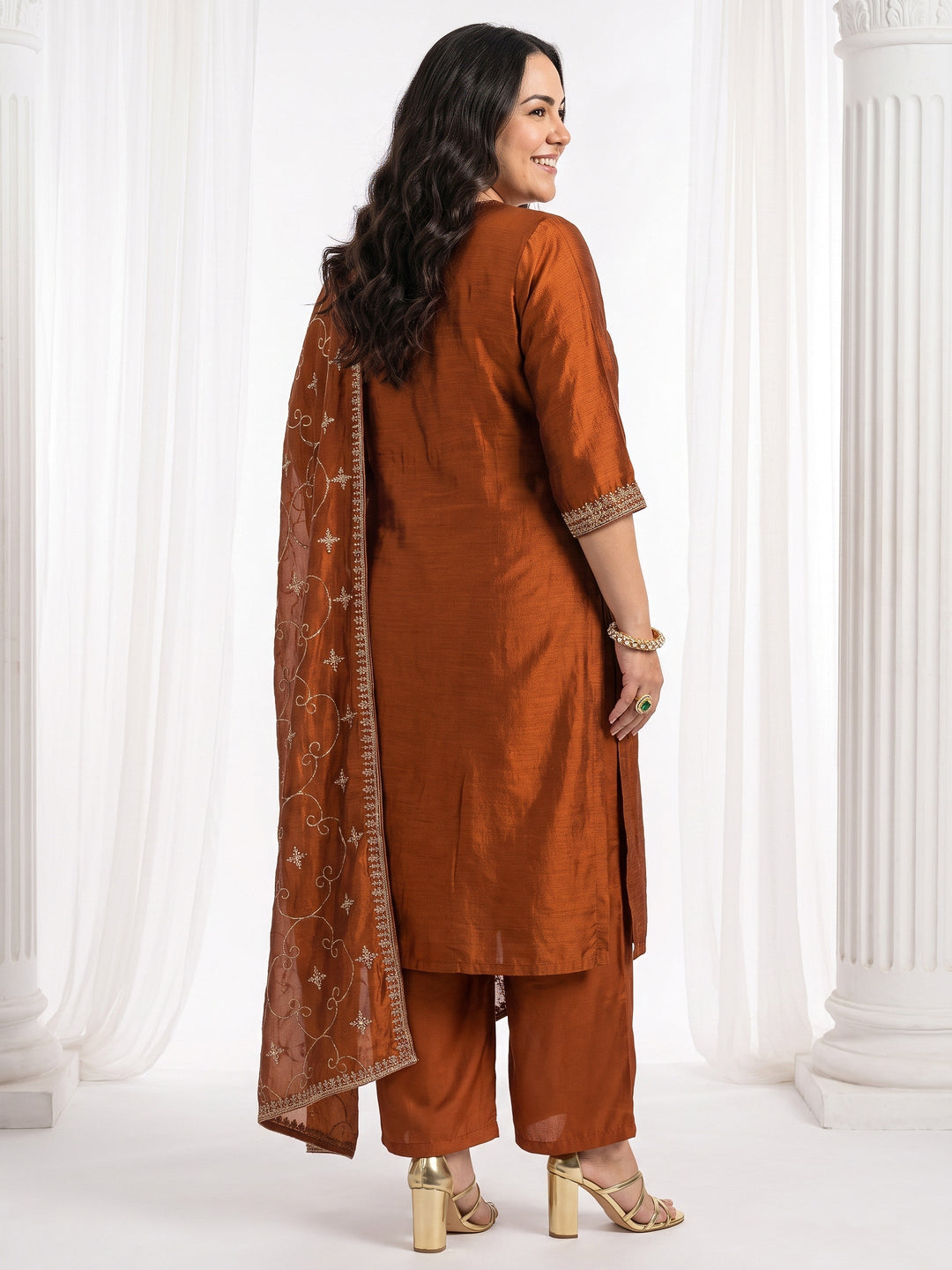  Plus Size Rust Brown Embroidered Silk Blend Straight Suit Set 