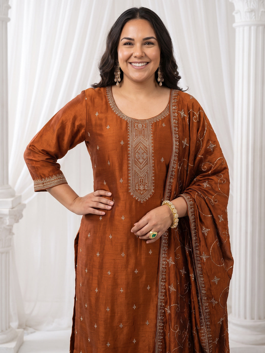  Plus Size Rust Brown Embroidered Silk Blend Straight Suit Set 