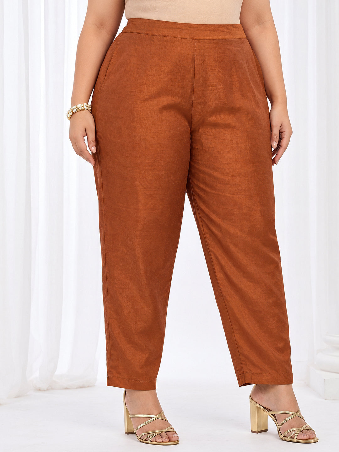  Plus Size Rust Brown Embroidered Silk Blend Straight Suit Set 