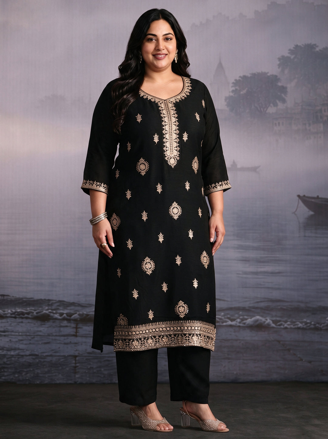  Plus Size Black Embroidered Silk Blend Straight Suit Set 