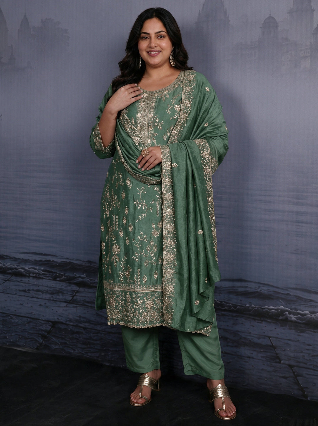  Plus Size Dusty Mint Green Floral Embroidered Silk Blend Straight Suit Set 