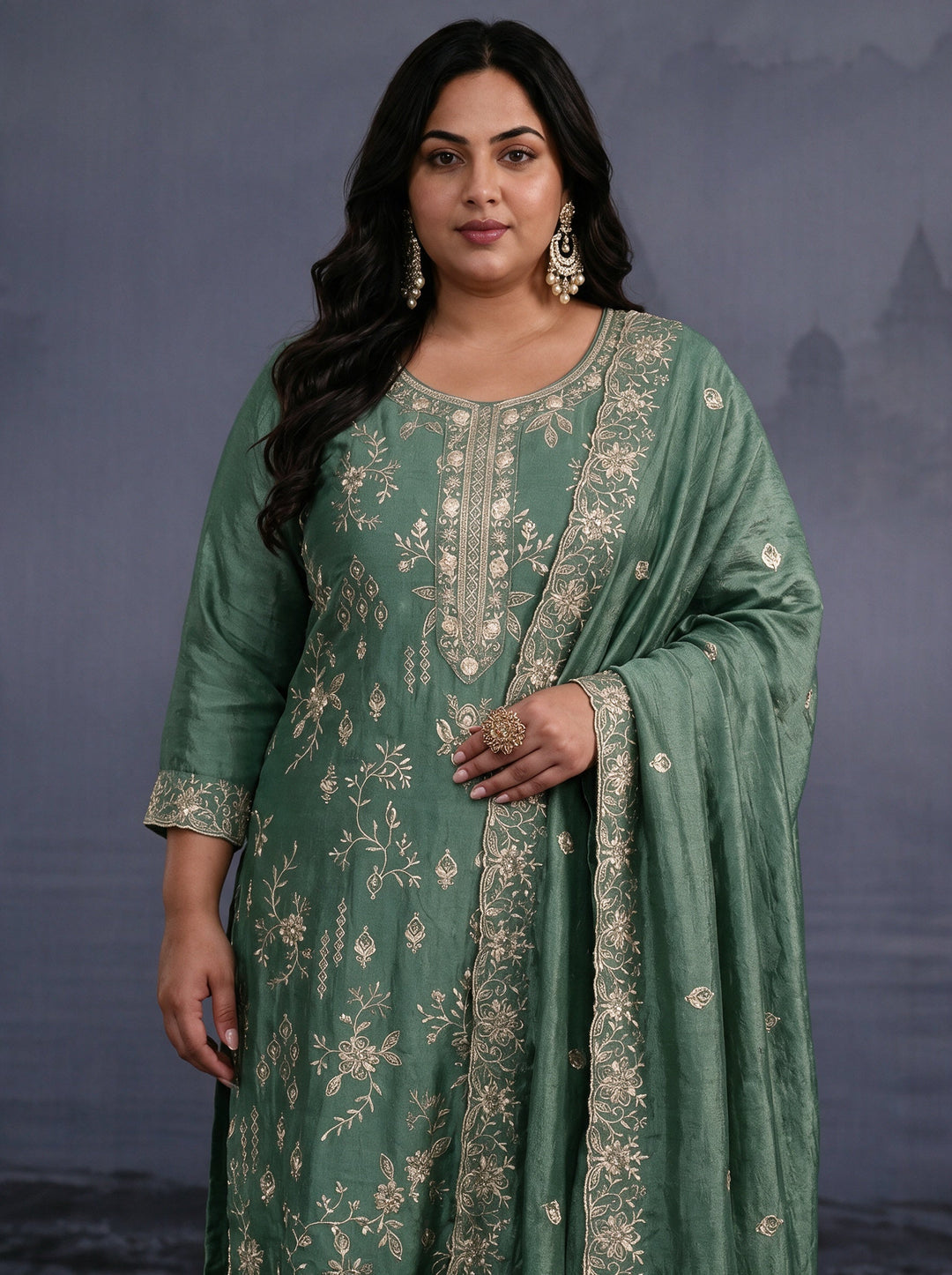  Plus Size Dusty Mint Green Floral Embroidered Silk Blend Straight Suit Set 