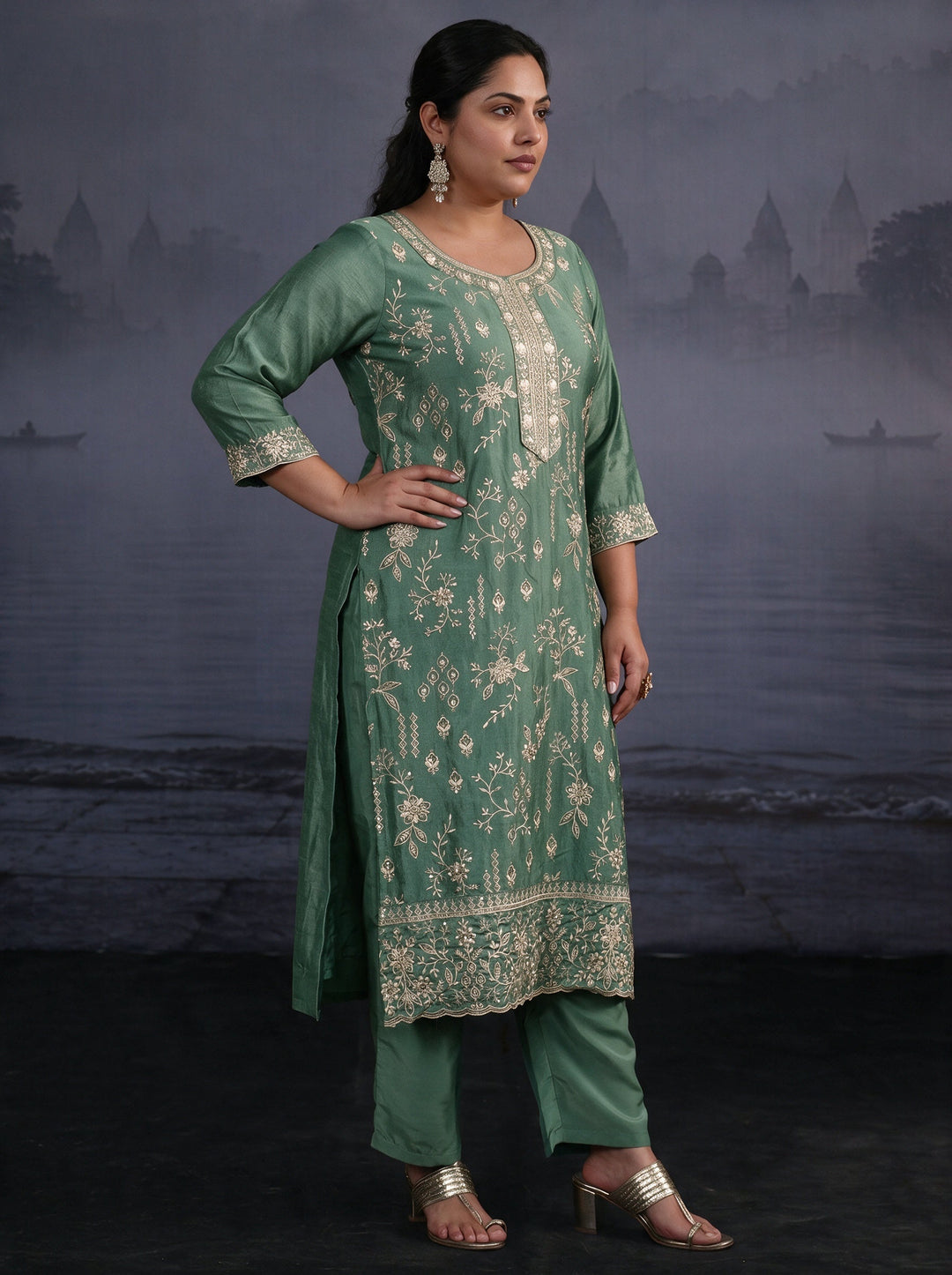  Plus Size Dusty Mint Green Floral Embroidered Silk Blend Straight Suit Set 
