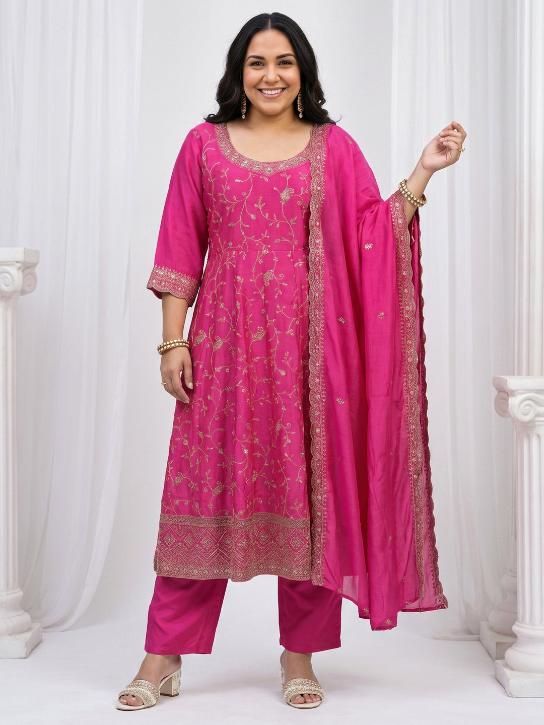  Plus Size Pink Floral Embroidered Silk Blend Anarkali Suit Set 