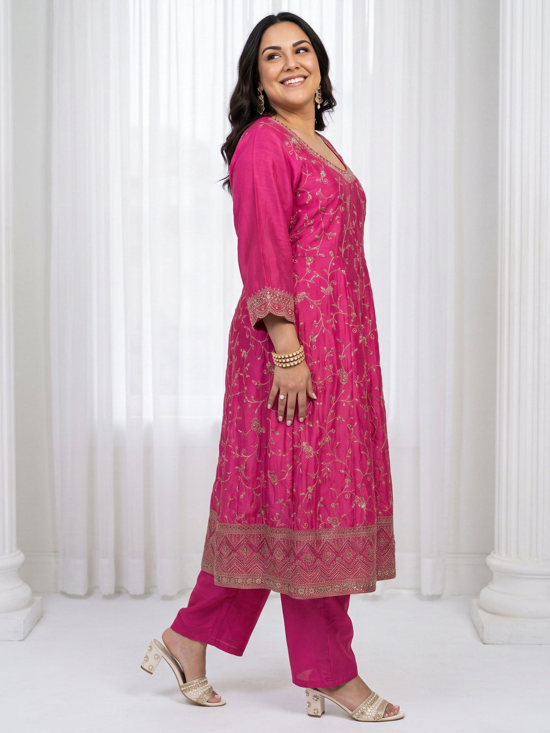  Plus Size Pink Floral Embroidered Silk Blend Anarkali Suit Set 