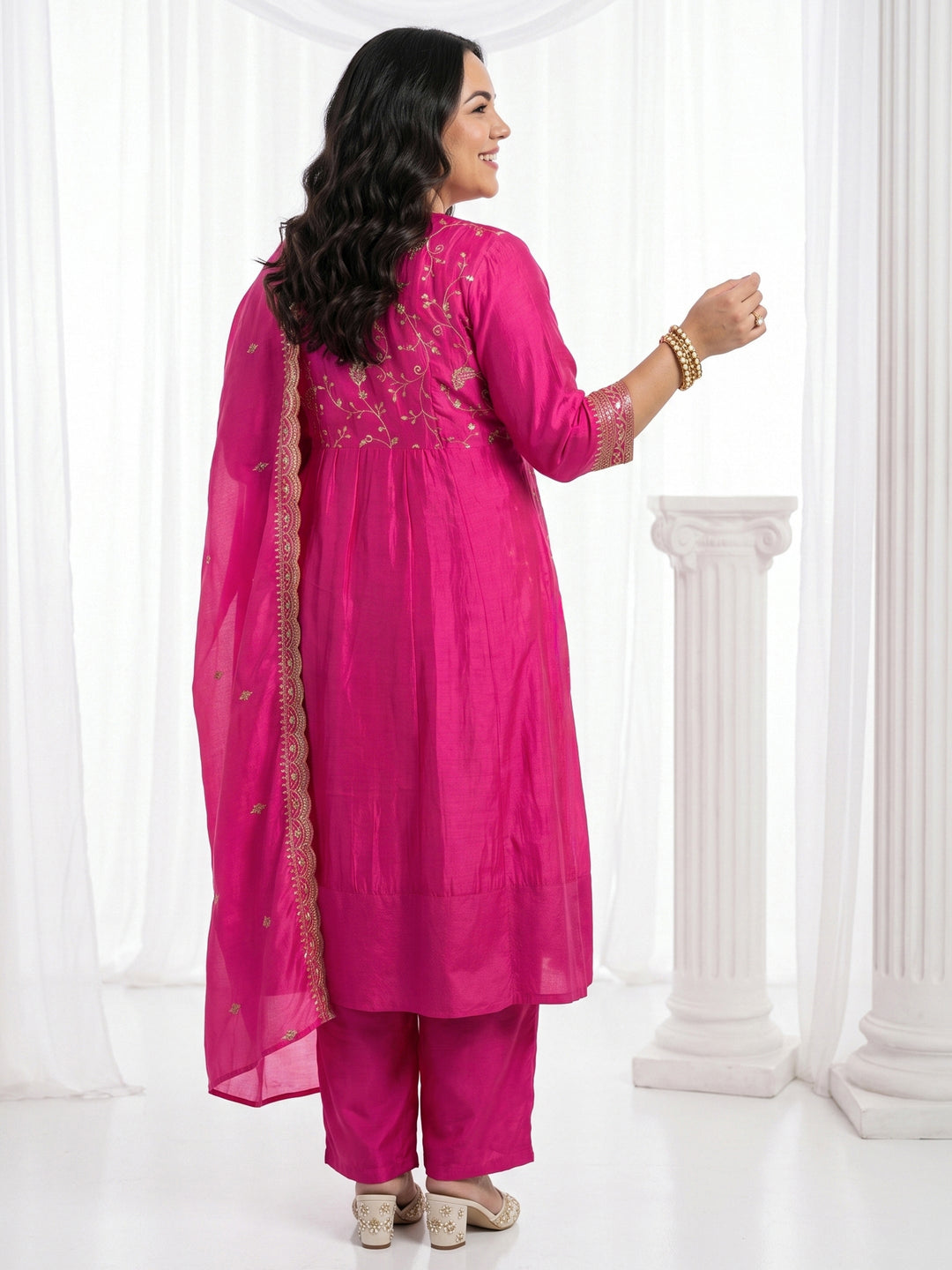  Plus Size Pink Floral Embroidered Silk Blend Anarkali Suit Set 