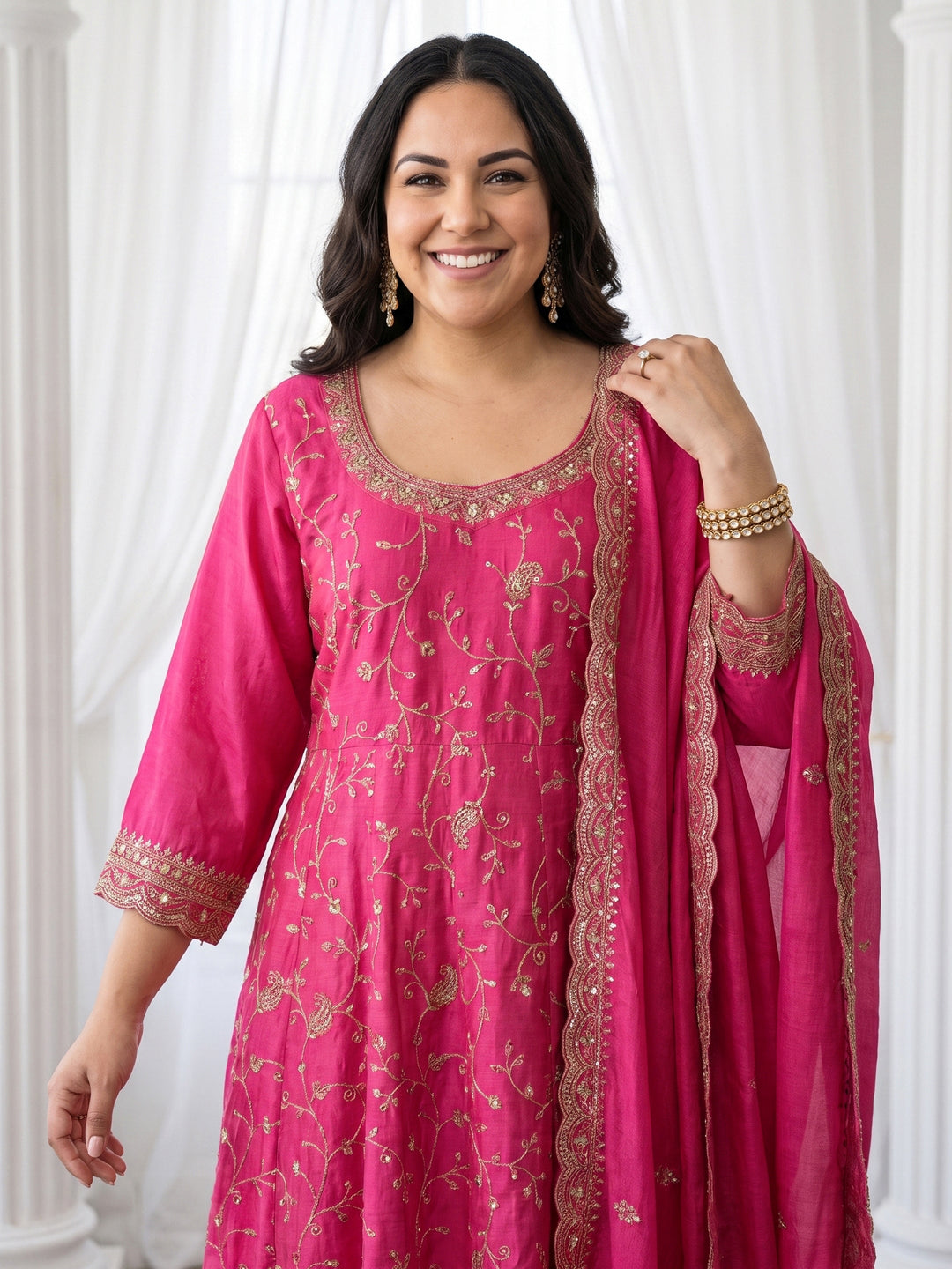  Plus Size Pink Floral Embroidered Silk Blend Anarkali Suit Set 