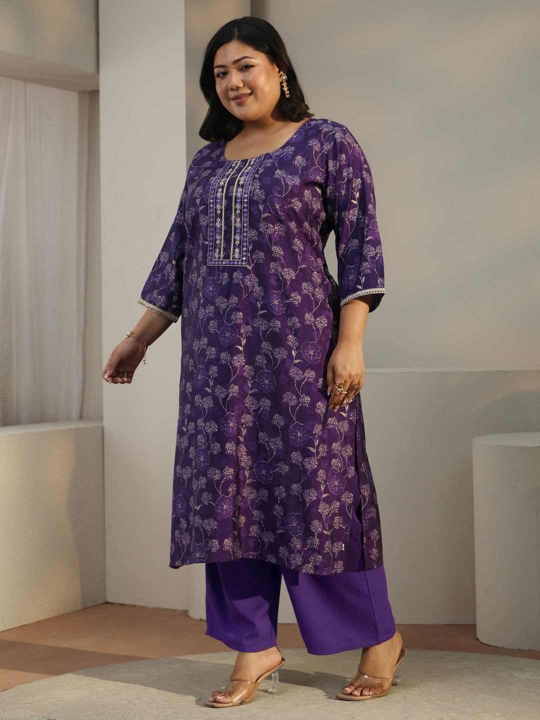  Plus Size Purple Floral Printed Silk Blend Straight Kurta Set 